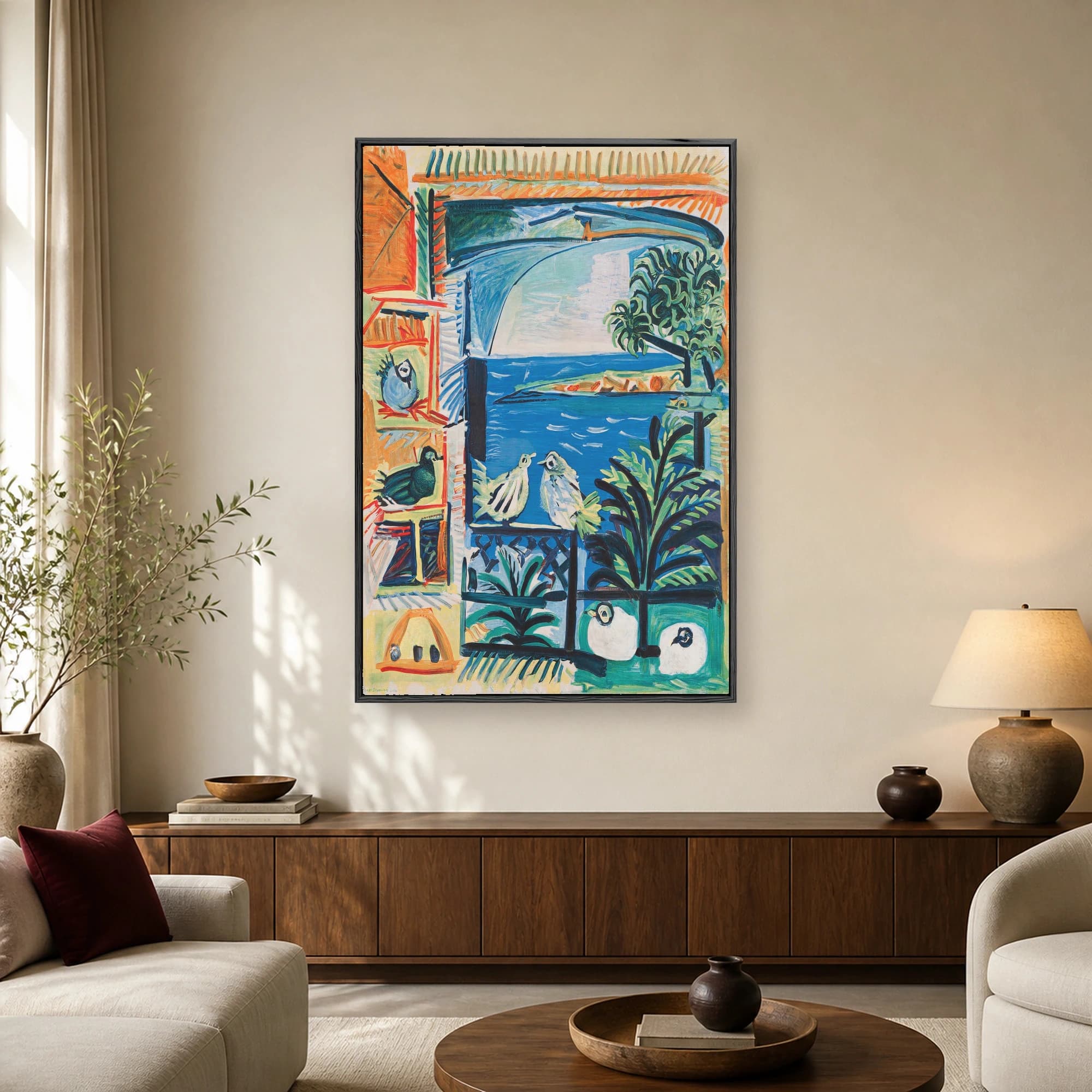 Modern art print depicting stylized birds perched near a window overlooking a bright blue sea and shoreline