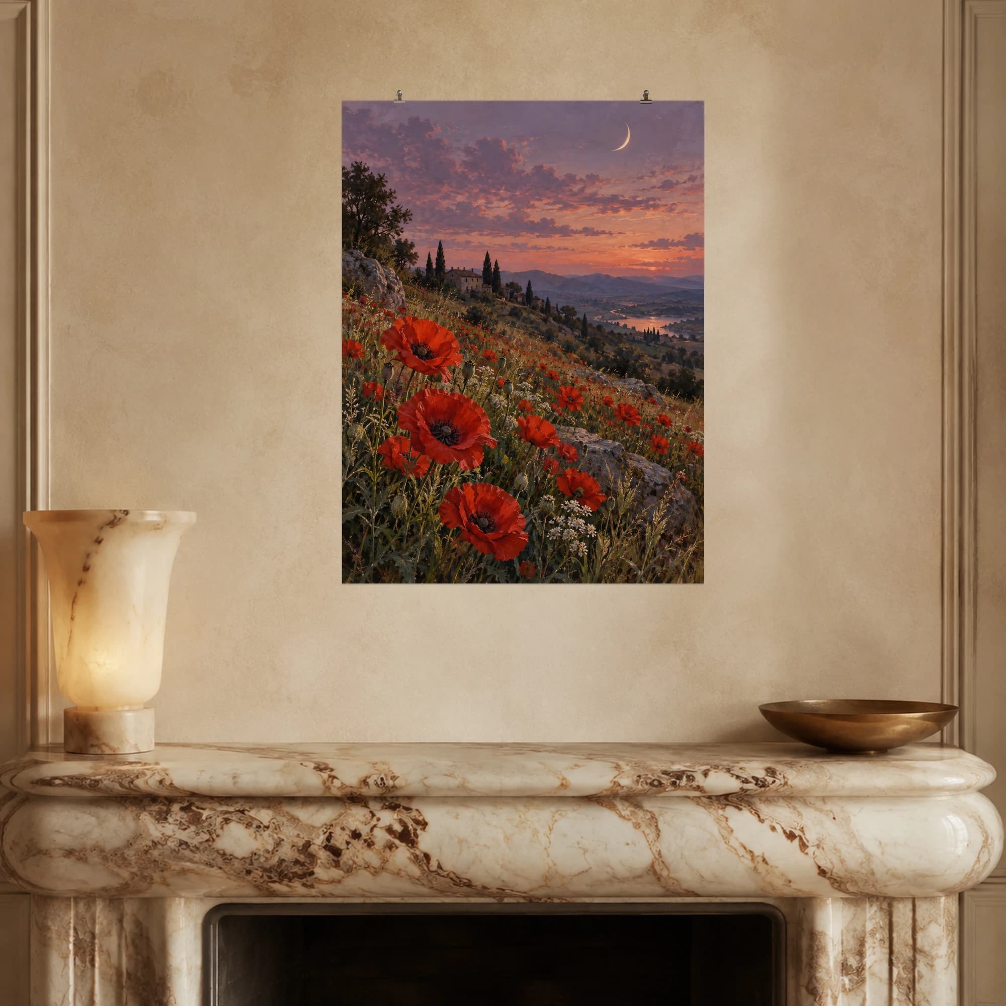 Red poppies brighten a hillside beneath a slim crescent moon. Muted evening colors give the meadow a gentle, dreamlike atmosphere.