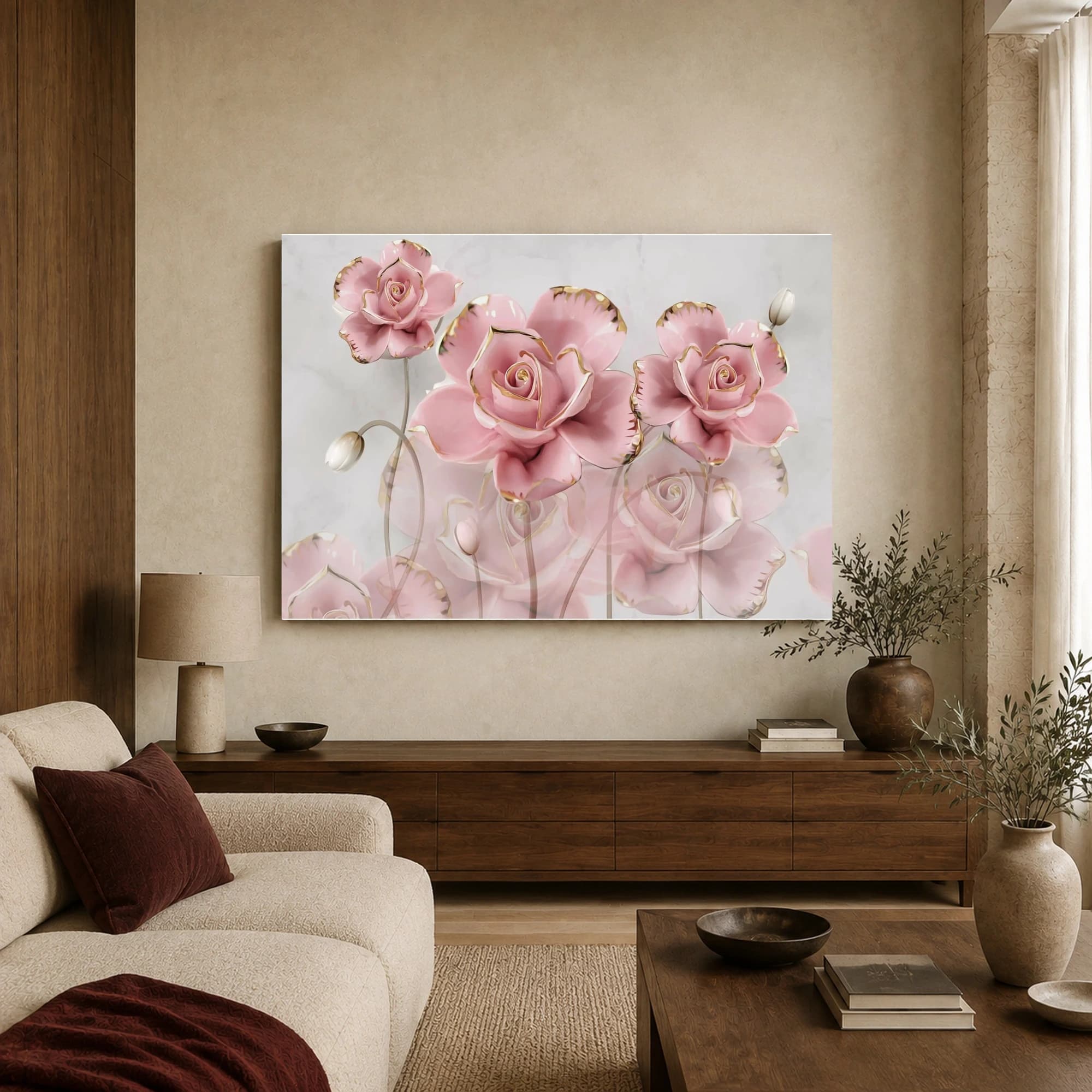 Pink Ceramic Roses Gold Trim Floral Wall Art Canvas, view 2