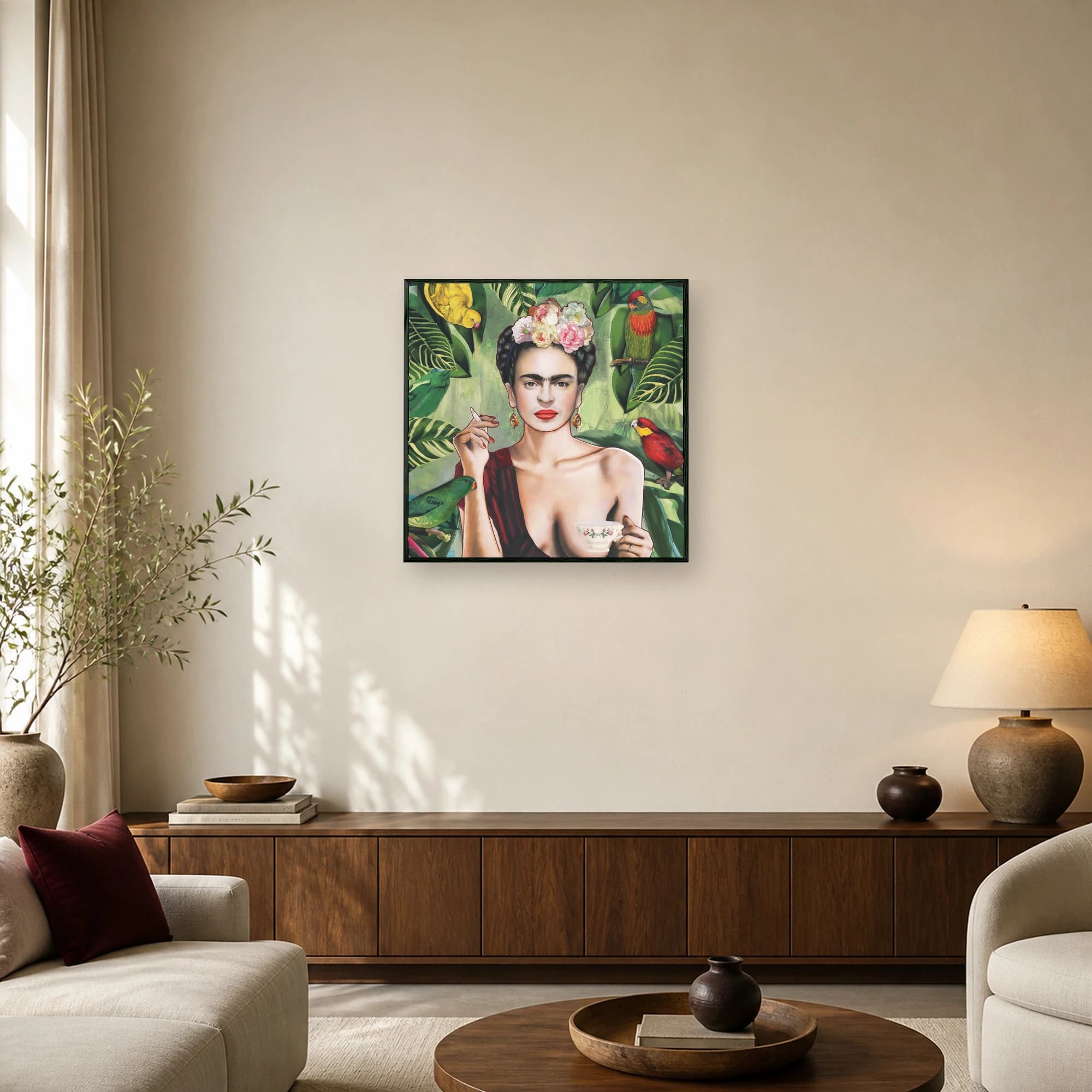 Stylized portrait of Frida Kahlo with a floral crown, holding a cigarette and teacup, surrounded by tropical leaves and colorful exotic birds.