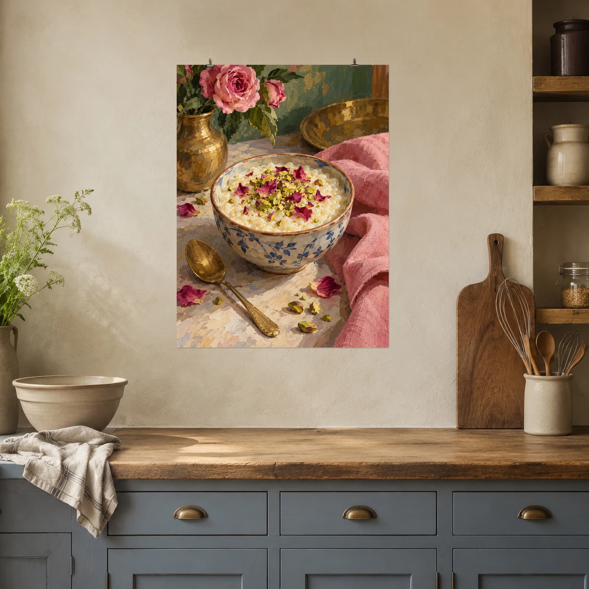 This gouache-style composition features a ceramic bowl of rice pudding topped with rose petals and pistachios beside a small brass spoon and pink linen. Expressive brushwork and a balanced palette bring warmth and character to your space.