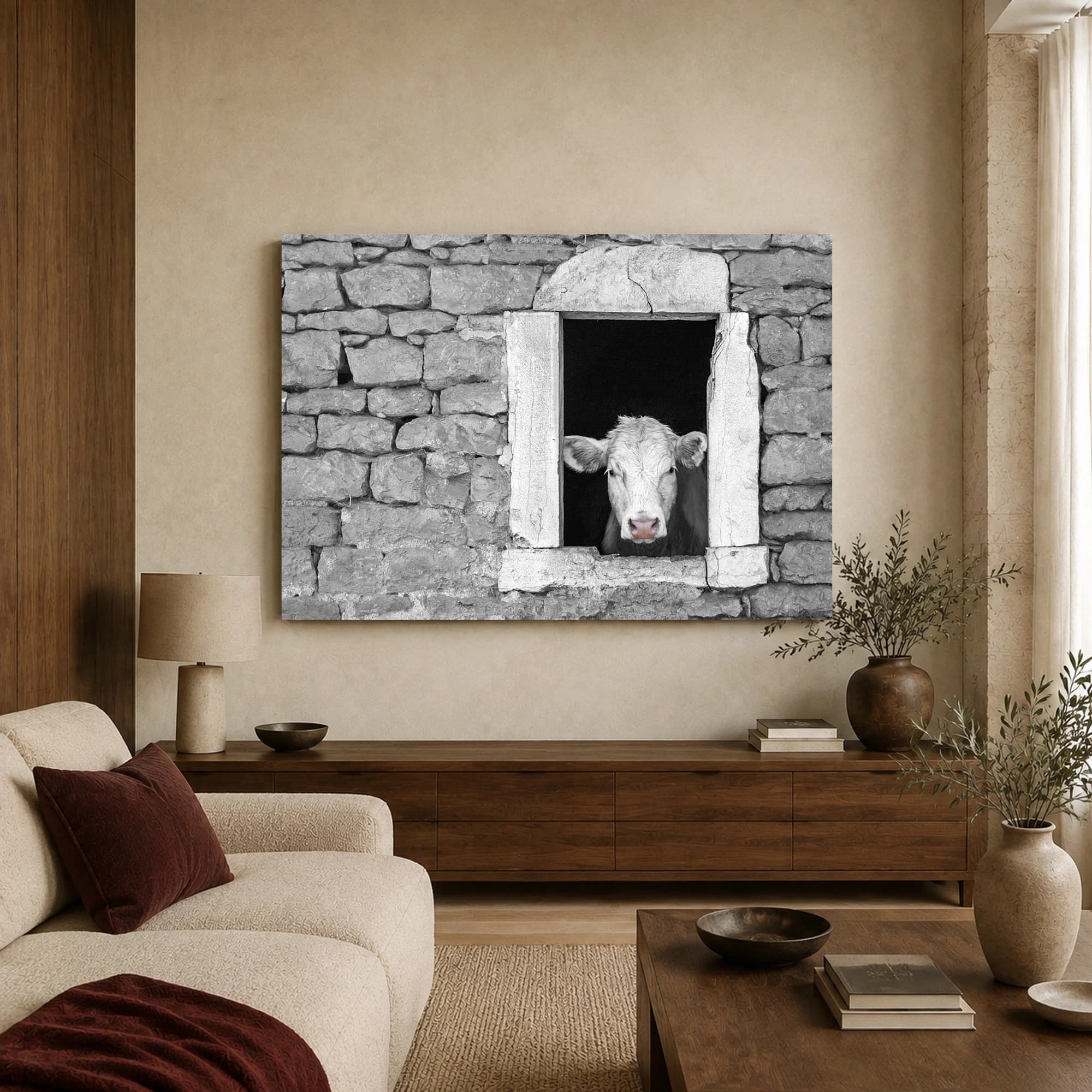 Curious Cow in Stone Window Black and White Farmhouse Wall Art, view 4