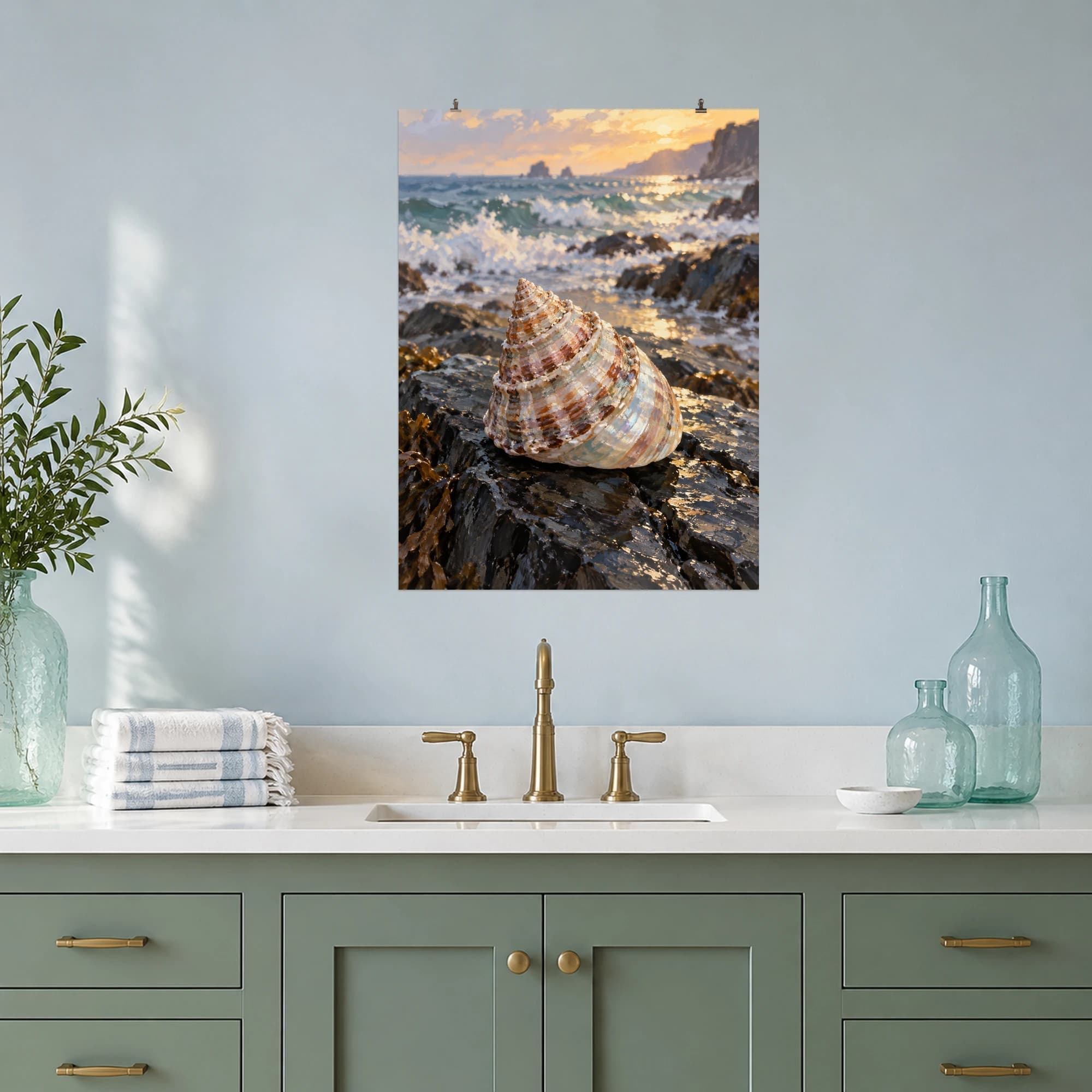 This gouache-style composition features a ridged conical trochus shell with pearly highlights on dark wet slate near softly blurred surf. Expressive brushwork and a balanced palette bring warmth and character to your space.