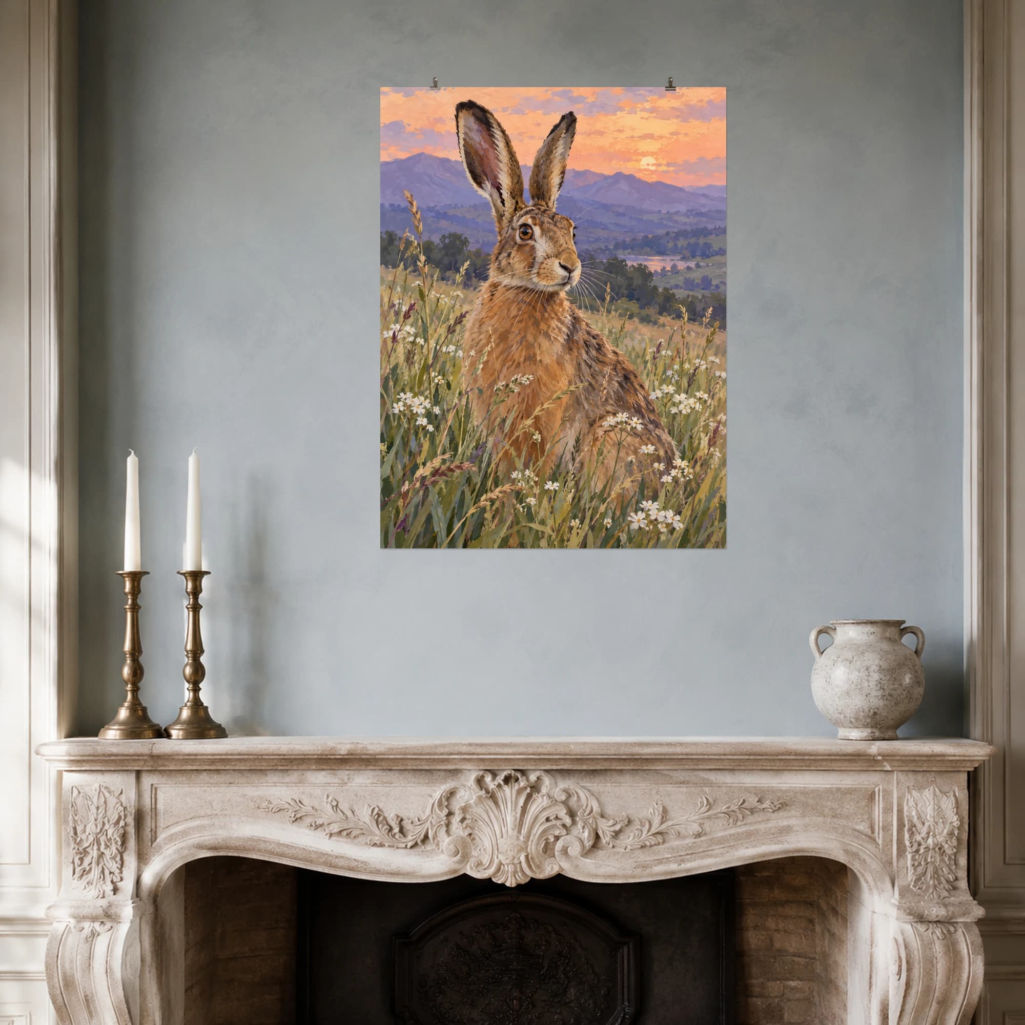 An alert brown hare sits among meadow grasses beneath a peach evening sky. Lavender hills and small white flowers bring softness to this expressive wildlife portrait.