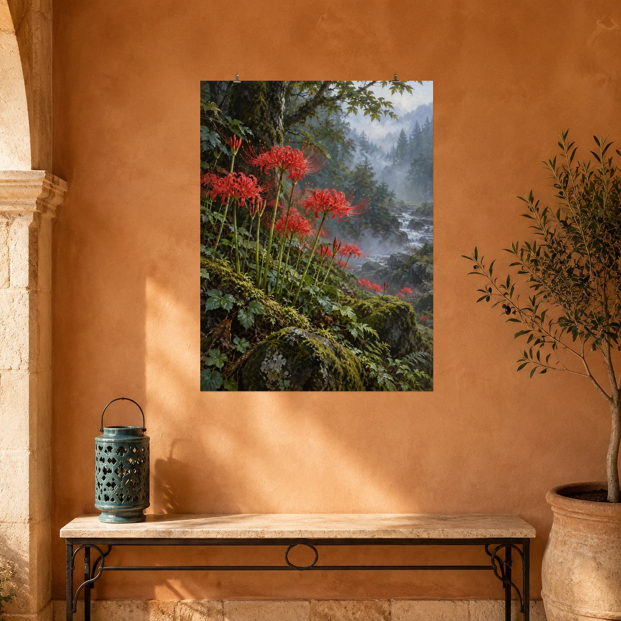 Red spider lilies grow beside moss and a woodland stream. Misty trees deepen the contrast between the vivid flowers and the cool forest.