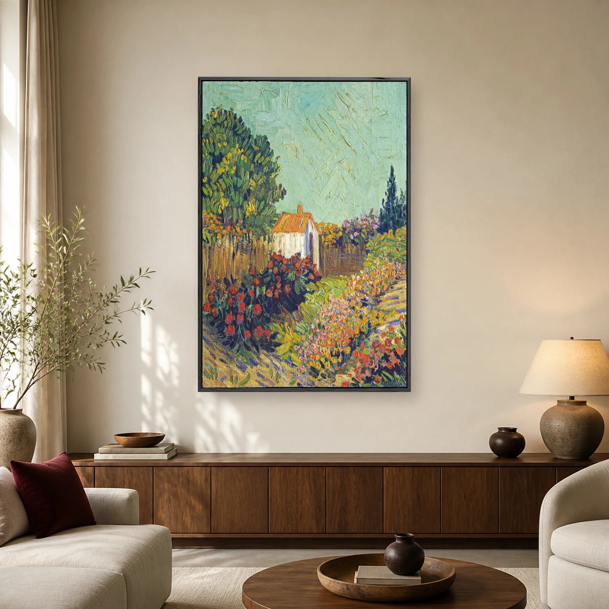 Post-impressionist painting of a white cottage surrounded by vibrant red and yellow flowers under a pale green sky with thick impasto texture.