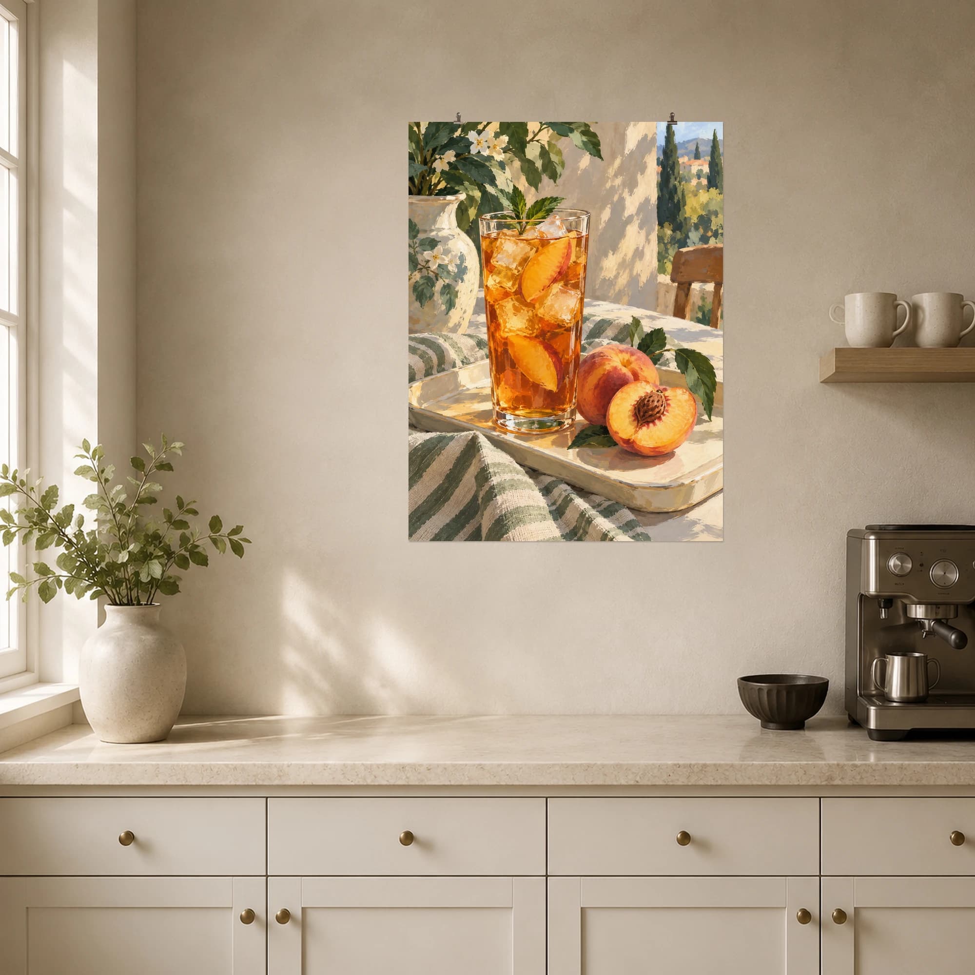 Peach tea and fresh fruit capture a slow summer afternoon in warm painted color.