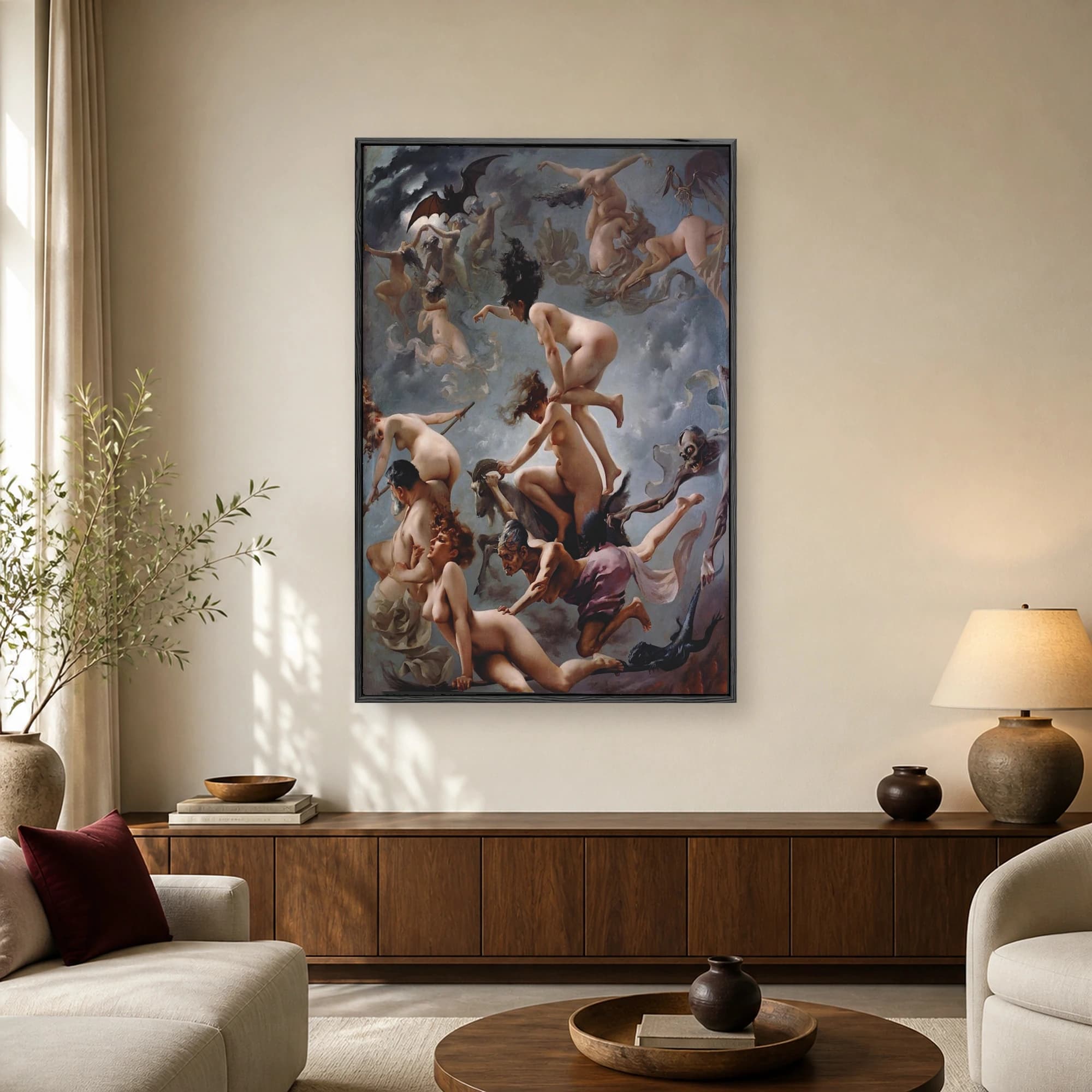 Fine art print of Witches Going to Their Sabbath by Luis Ricardo Falero featuring nude figures flying through a stormy sky on broomsticks