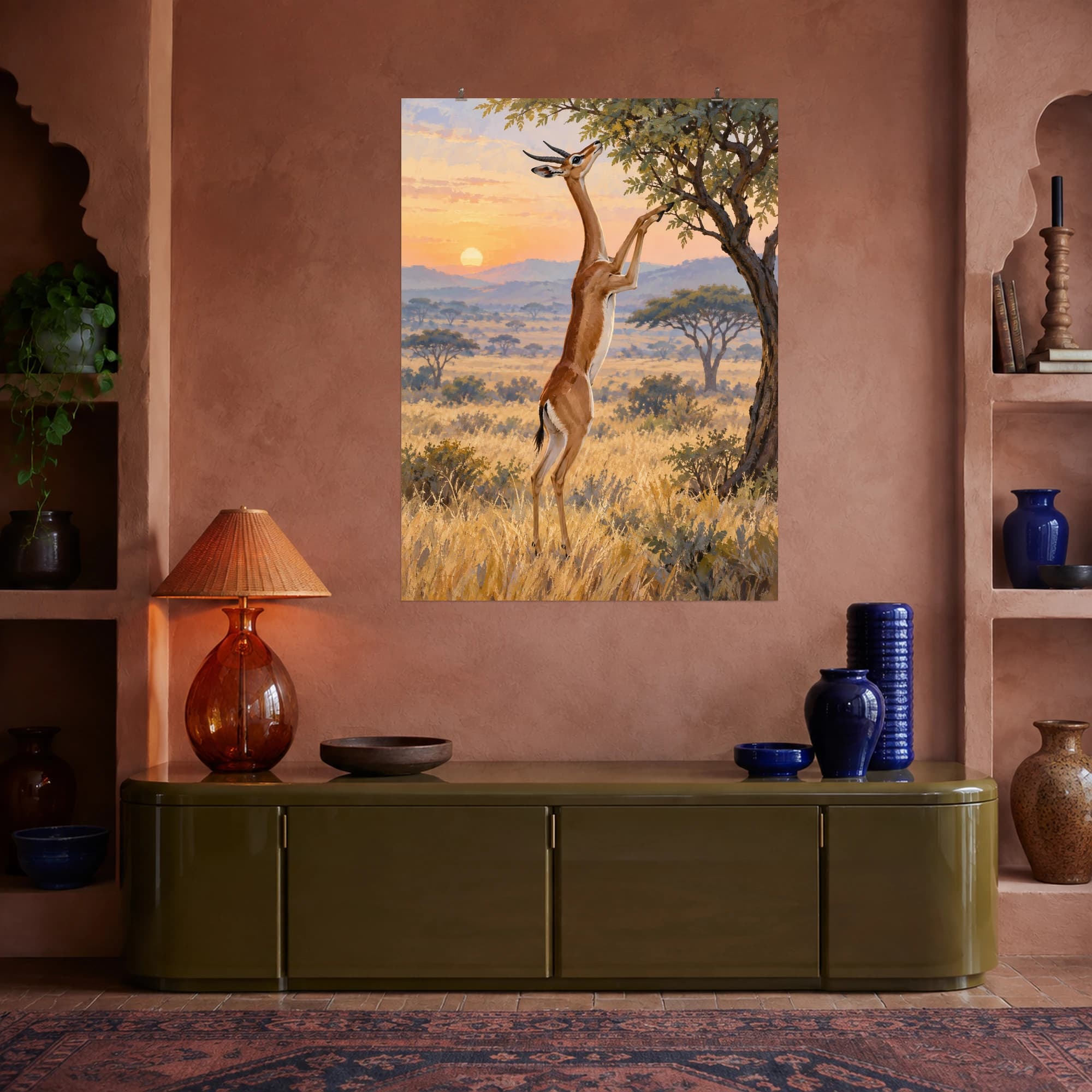 This gouache-style composition features a slender gerenuk antelope reaching upward toward acacia leaves while standing on its hind legs, spacious dry grassland and soft dawn haze. Expressive brushwork and a balanced palette bring warmth and character to your space.