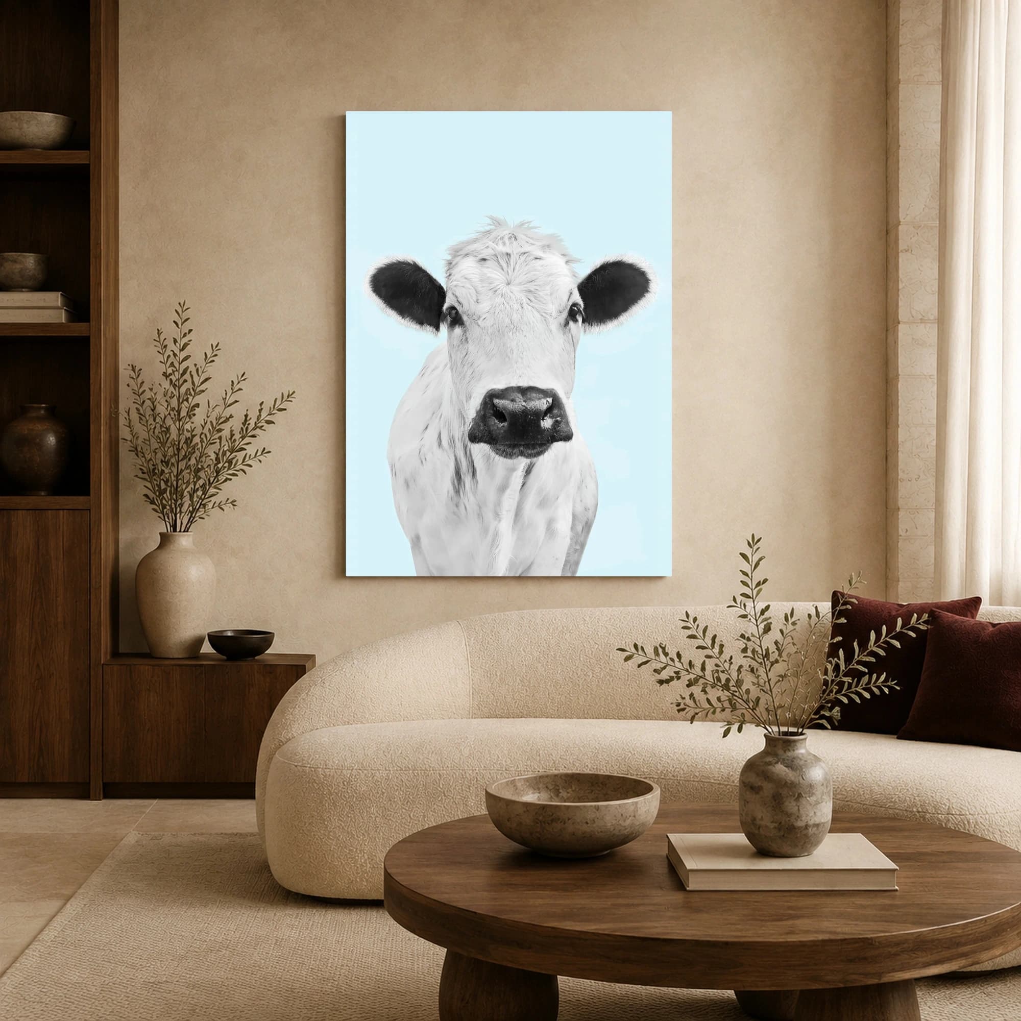 Charming Cow Portrait on Light Blue Wall Art, view 6