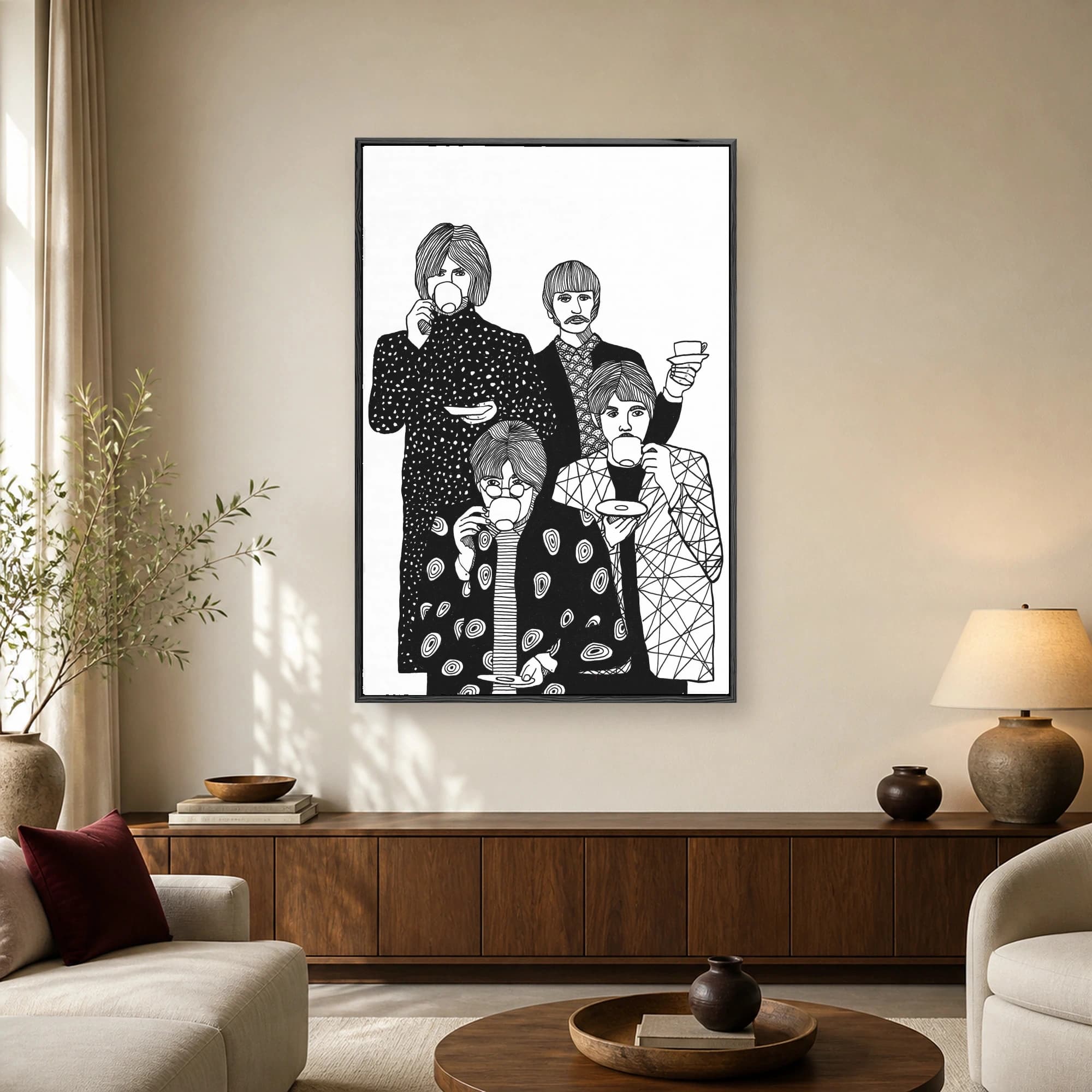 Black and white line art illustration of four men resembling The Beatles drinking tea, wearing patterned coats and holding cups and saucers.