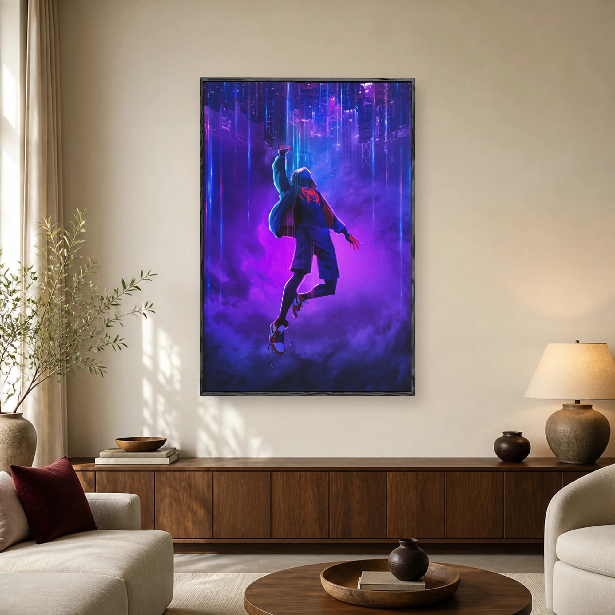 Stylized superhero falling backwards through vertical neon blue and purple light beams with a mirrored city skyline above.
