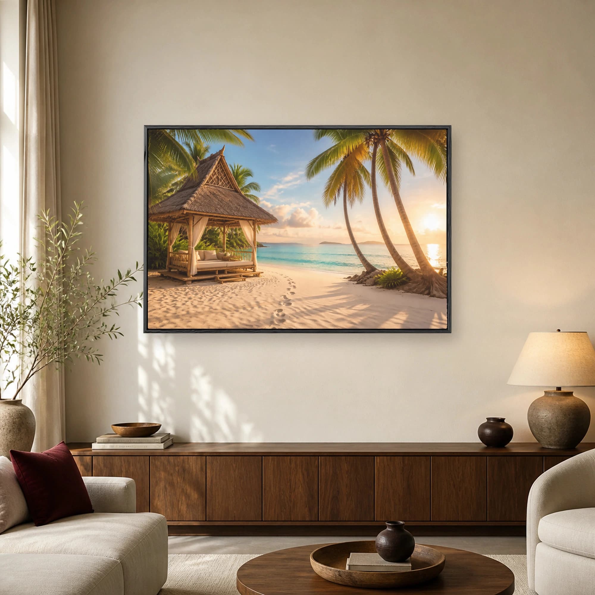 A serene tropical beach scene featuring a thatched‐roof wooden pavilion on white sand next to leaning palm trees and a turquoise ocean at sunset.