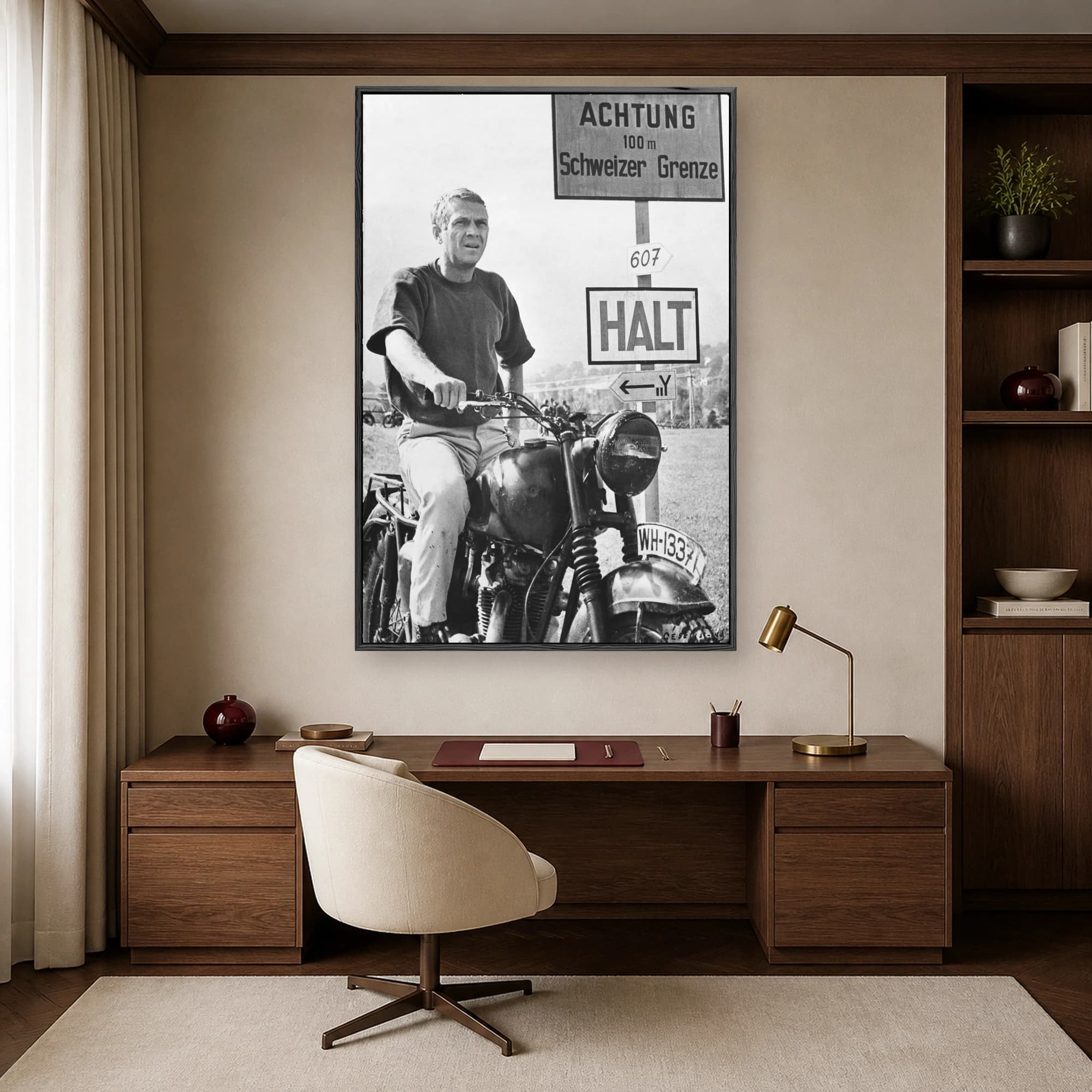 Steve McQueen Classic Motorcycle Escape Wall Art, view 3