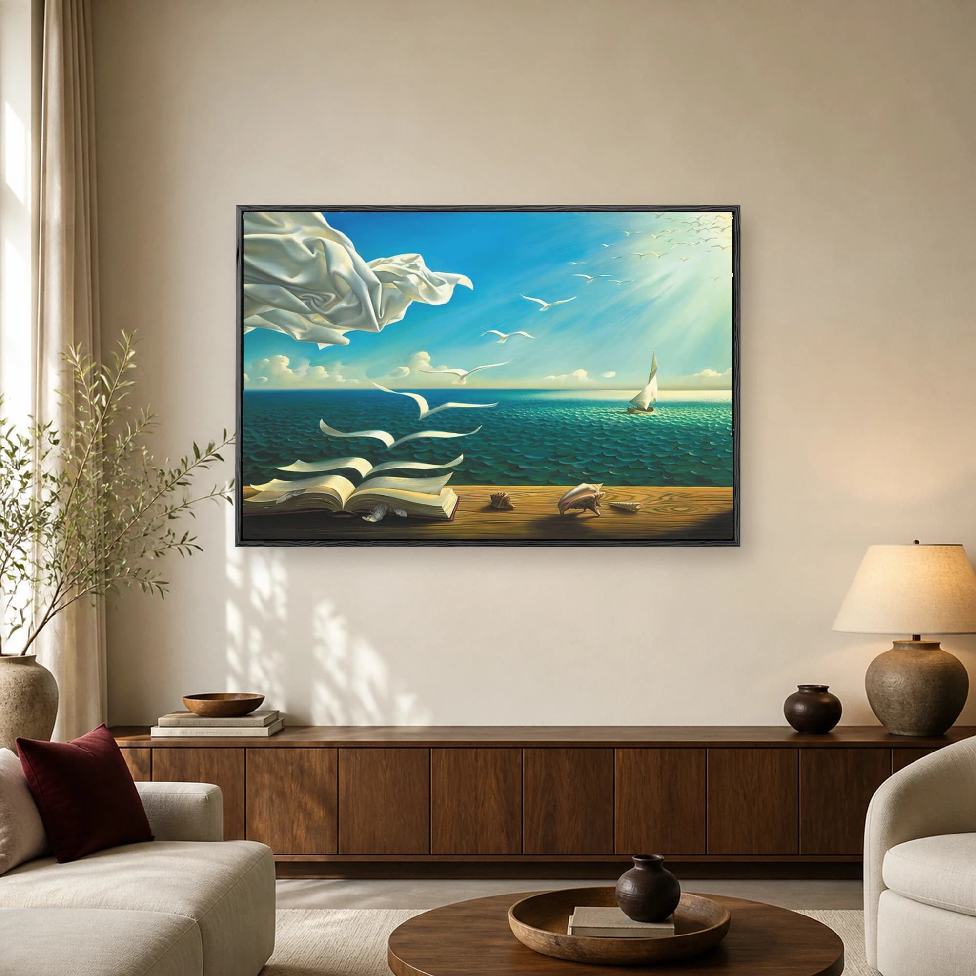 An open book on a wooden table with pages turning into white seagulls flying over a bright blue ocean with a sailboat.