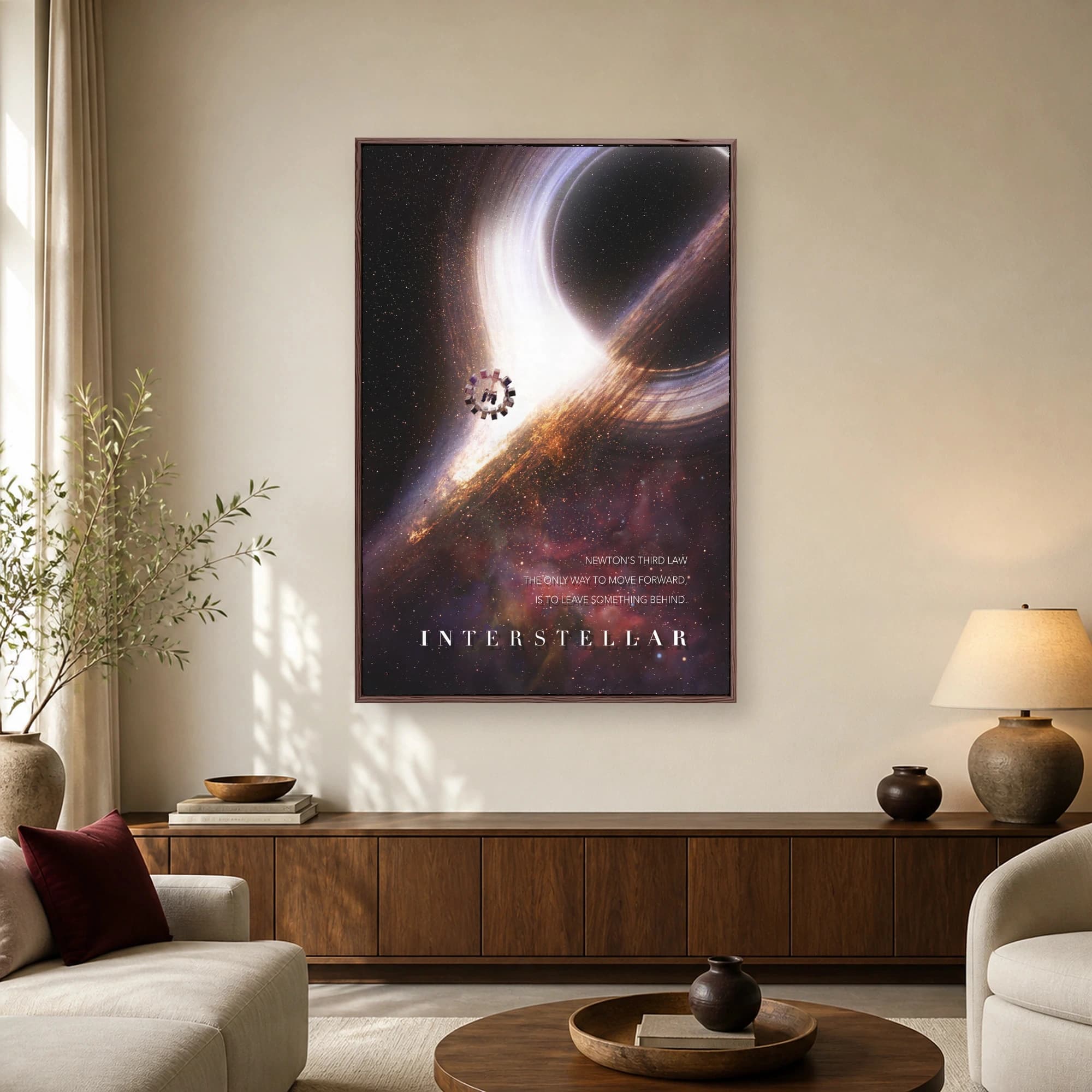 Interstellar movie wall art showing the Endurance spacecraft near the glowing accretion disk of a black hole against a starry space background.
