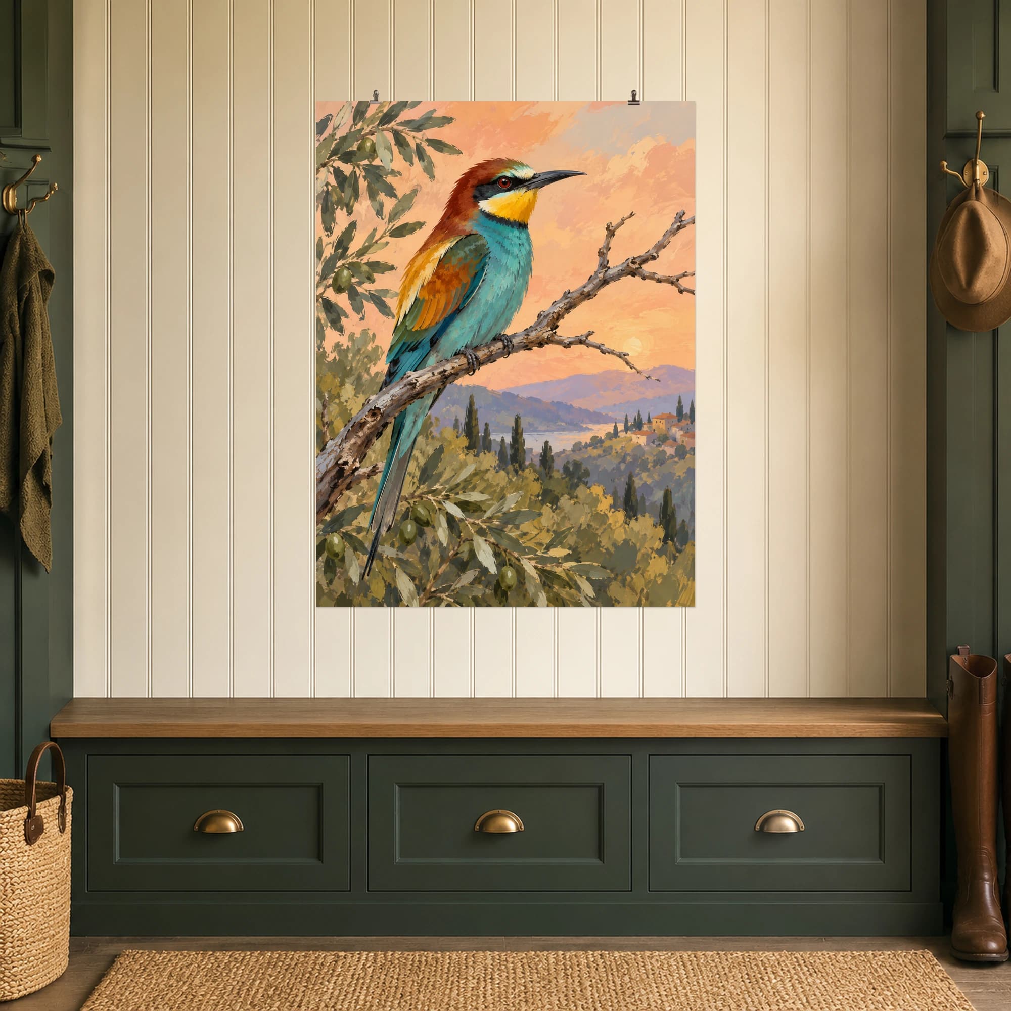 A colorful bee eater rests on a slender branch above a distant landscape. Turquoise feathers and a golden throat stand out against peach light and muted olive foliage.