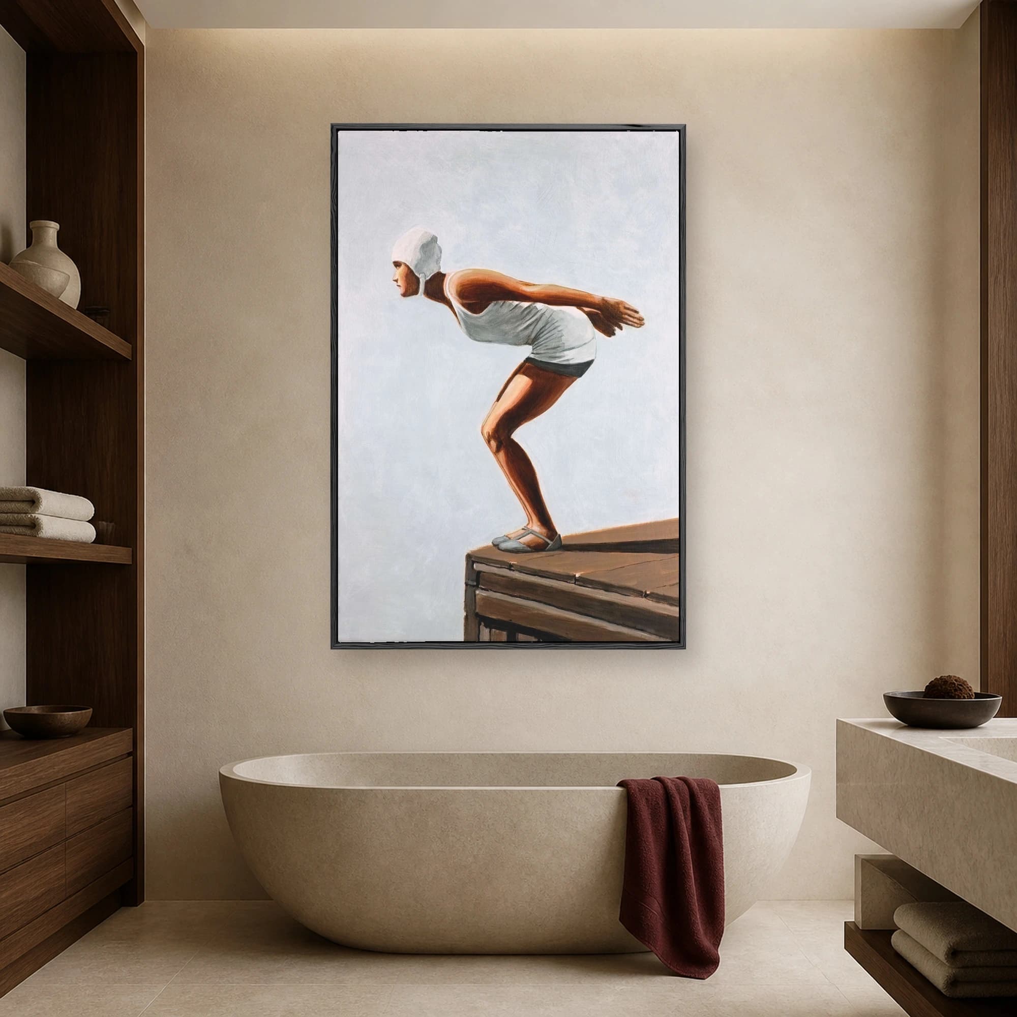 A painting of a female swimmer in a white swim cap and retro tank top poised on a wooden diving board against a light blue background.
