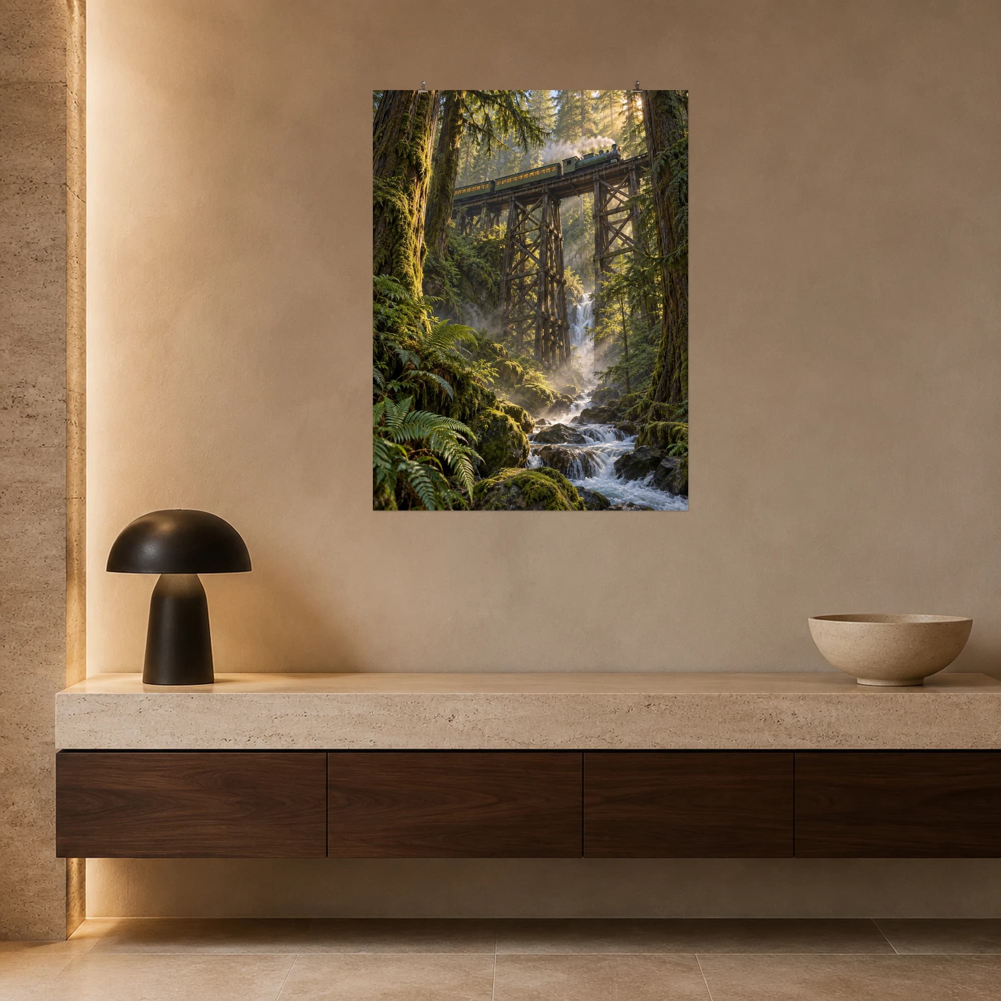 A green passenger train crosses a timber trestle high above a lush forest stream.