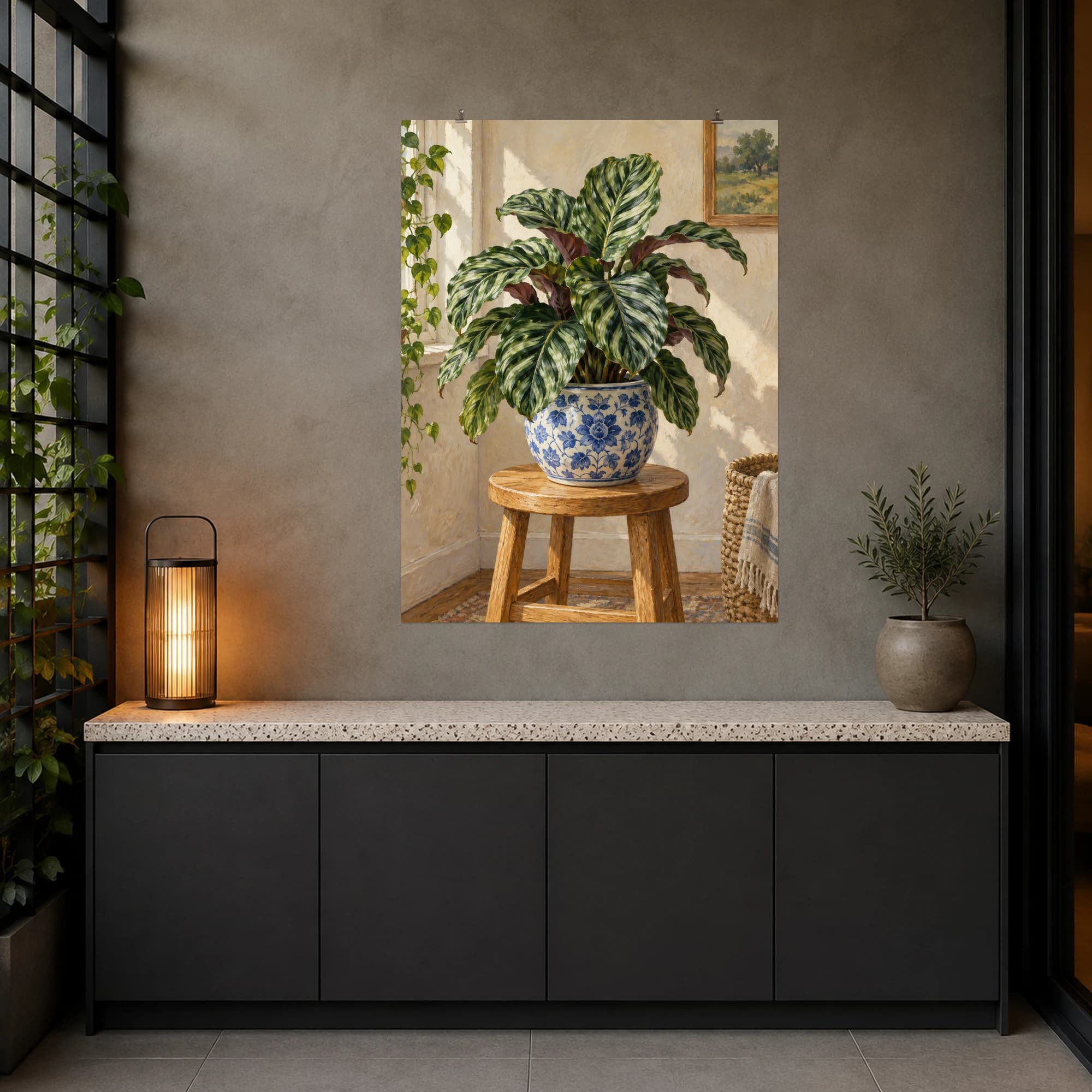 A striped calathea in a blue-and-white pot stands on a wooden stool. Soft interior light highlights its patterned leaves.