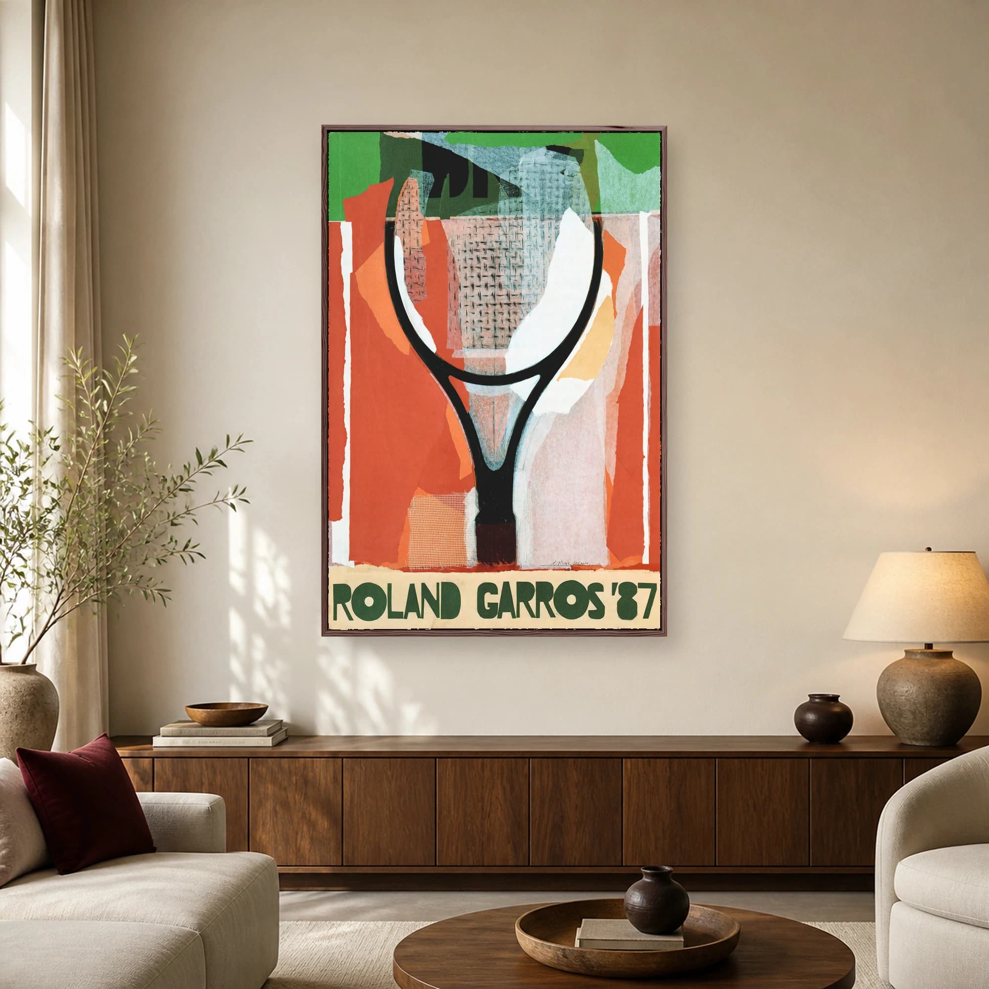 Vintage Roland Garros 1987 tennis poster featuring a black tennis racket over abstract clay court colors and green typography.