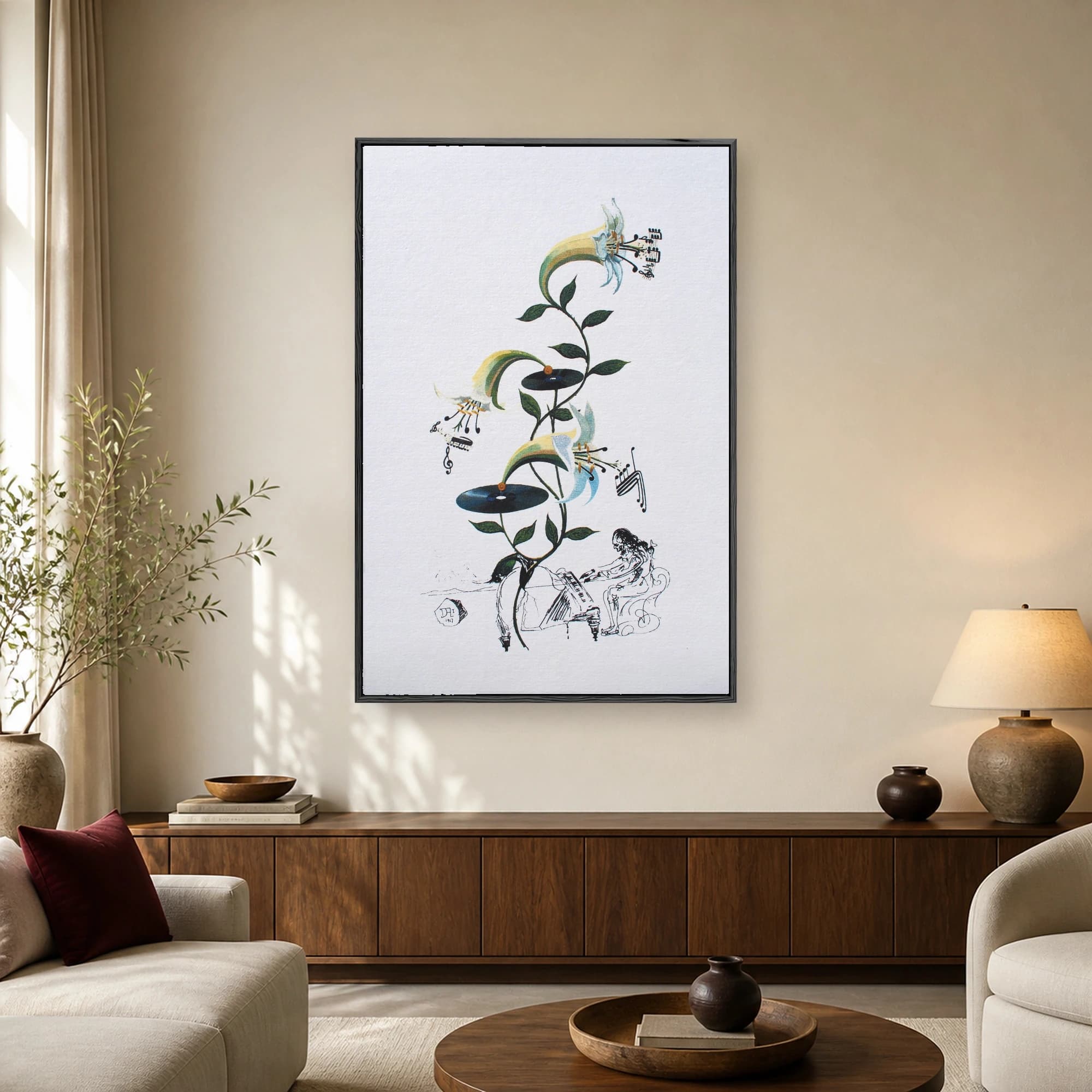 A surrealist fine art print by Salvador Dalí showing a plant with vinyl record leaves growing from a piano with musical notes.