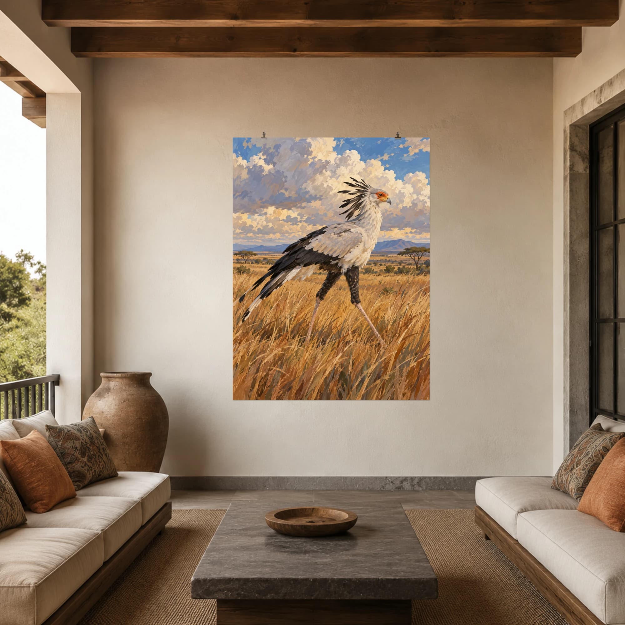This gouache-style composition features a secretary bird walking through tawny savanna grass beneath a cloud filled sky. Expressive brushwork and carefully balanced color bring a distinctive focal point to your wall.