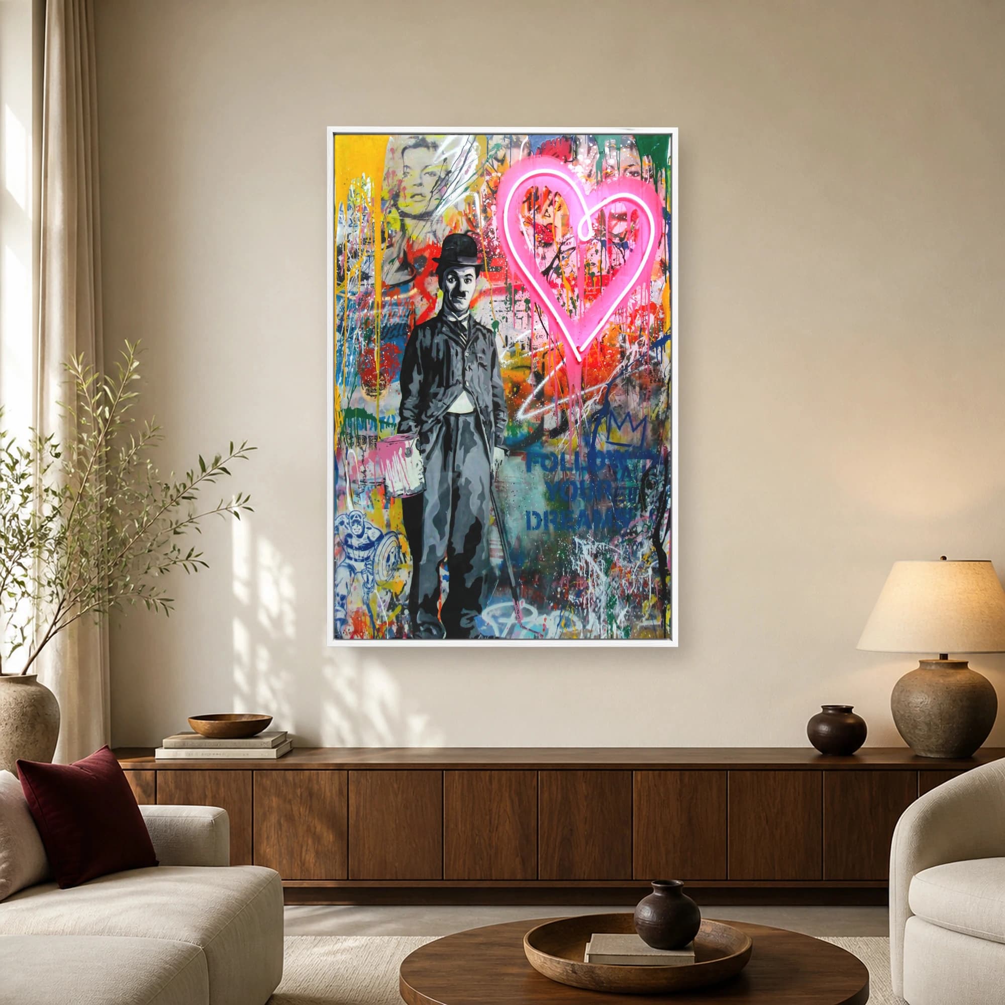 Charlie Chaplin Neon Heart Street Art Canvas Print, view 2