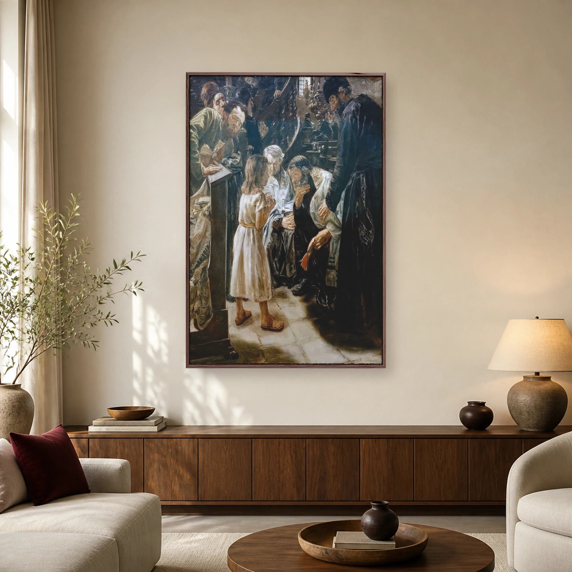 Fine art print of Christ Among the Doctors showing a young girl in white addressing elderly scholars in a dimly lit historic interior.