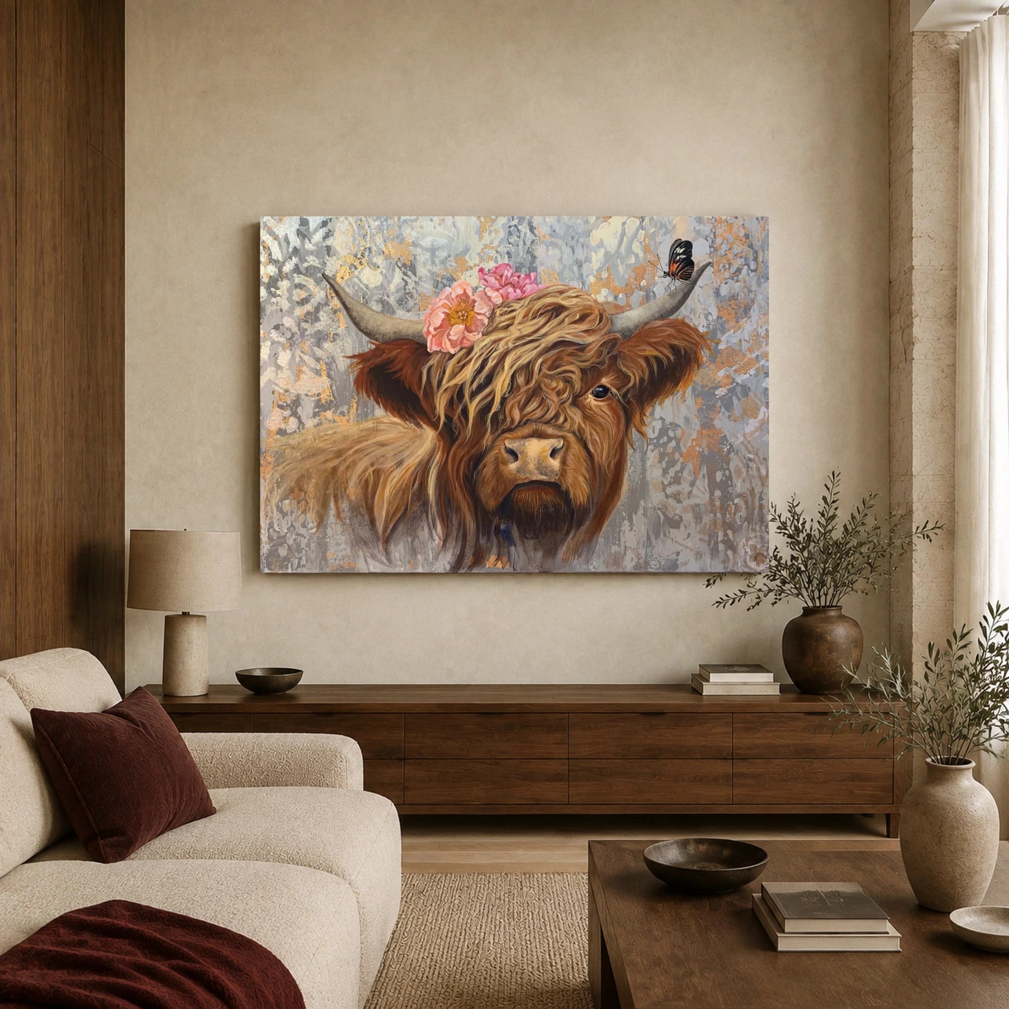 Highland Cow Canvas Print with Pink Peonies, view 3