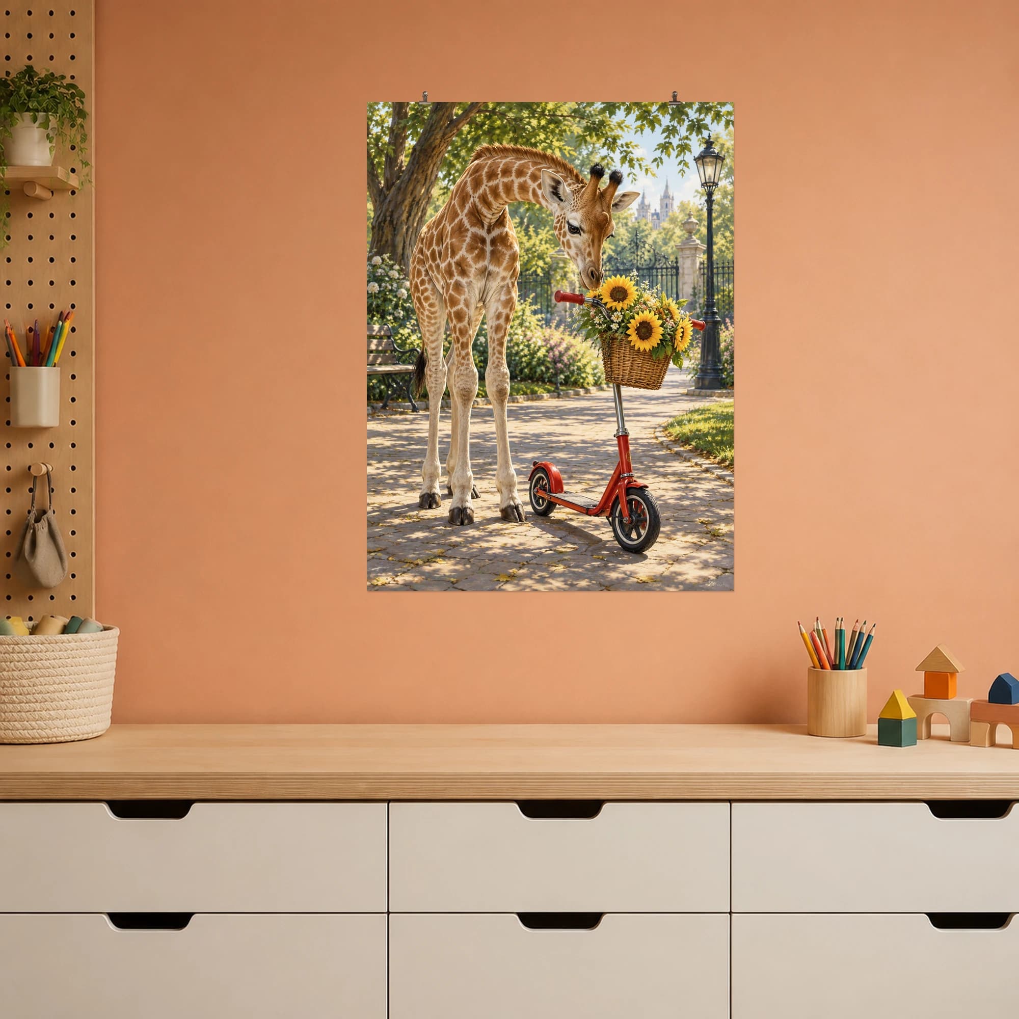 A curious young giraffe leans toward sunflowers in the basket of a red scooter.