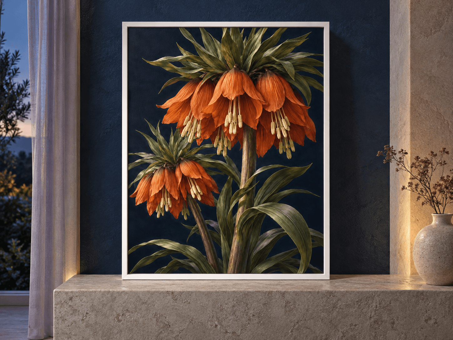 This copper crown imperial wall art captures a moody botanical scene. Copper-orange crown imperial bells hang beneath pointed leafy tufts, with pale anthers catching the light.