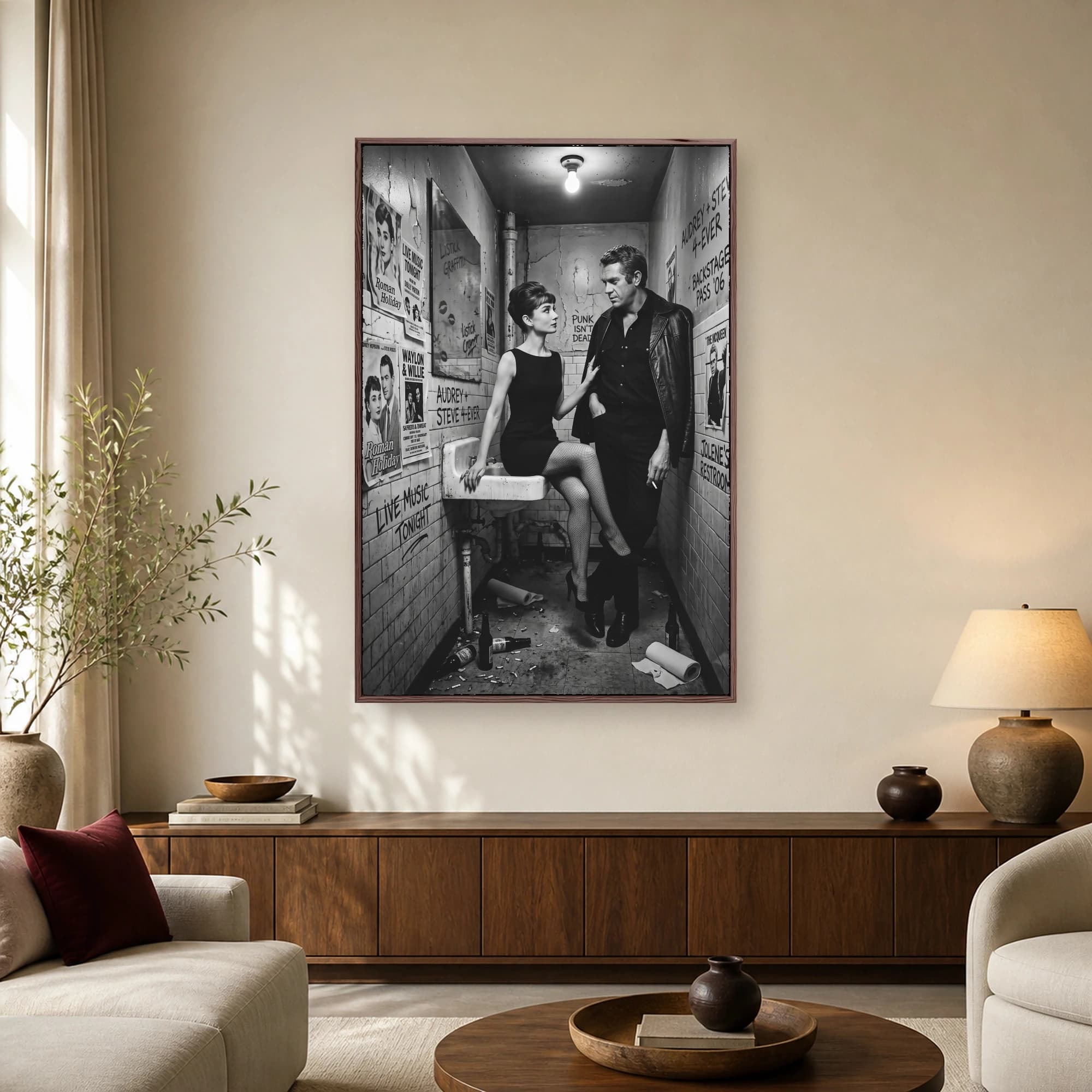 Black and white photographic wall art of classic Hollywood style icons in a gritty tiled washroom with retro posters and dim lighting.