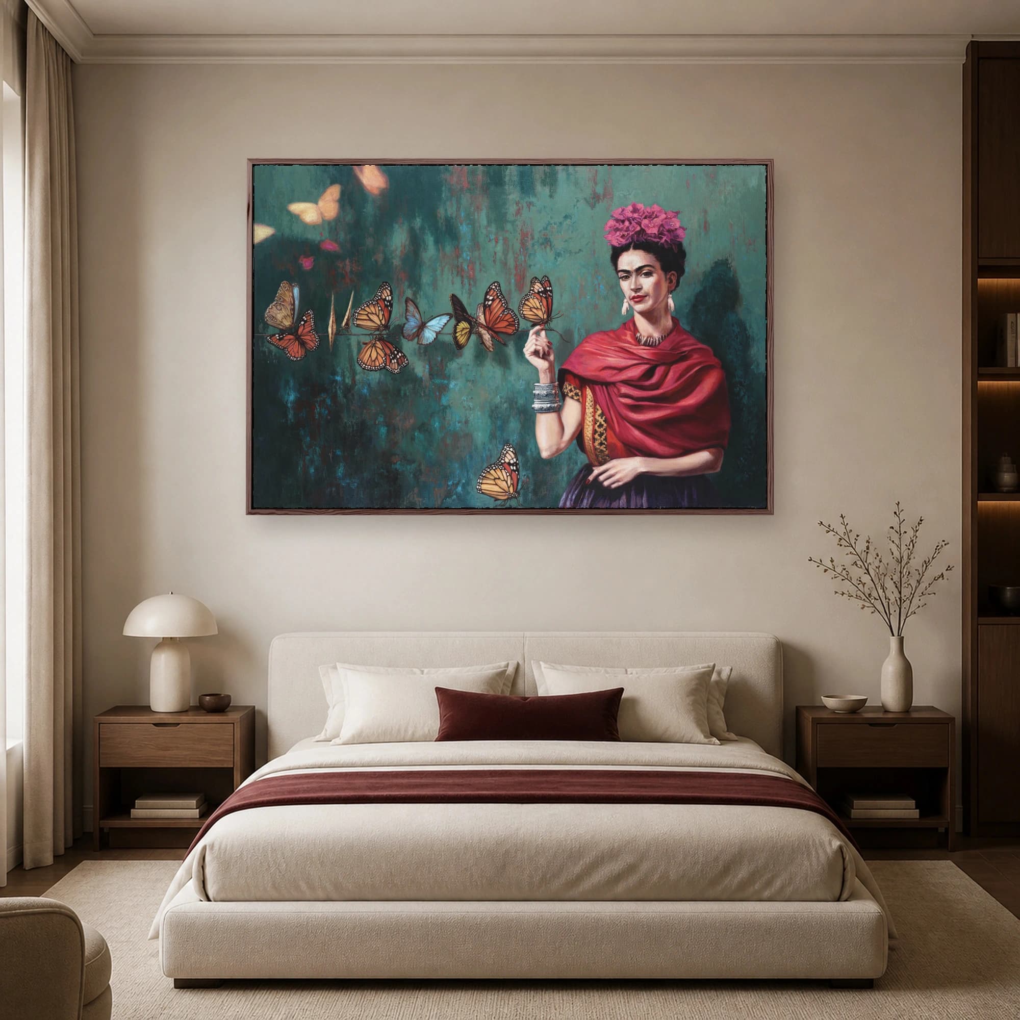 Frida Kahlo Portrait Canvas Print with Monarch Butterflies Wall Art, view 5