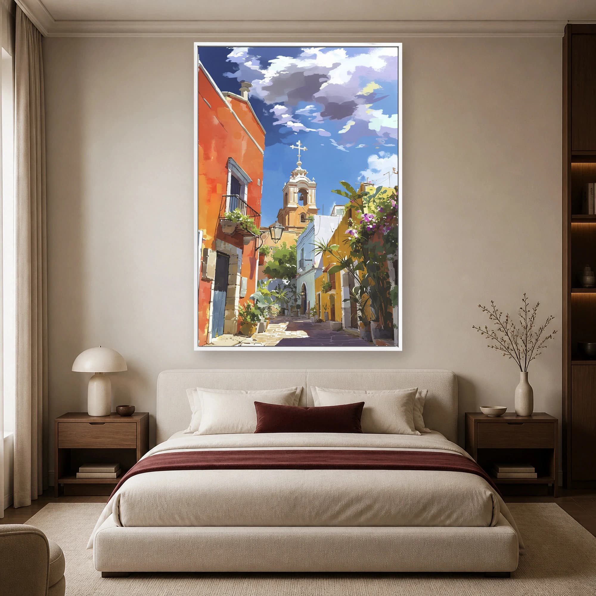 Vibrant Mediterranean Street Art with Church Tower, view 4