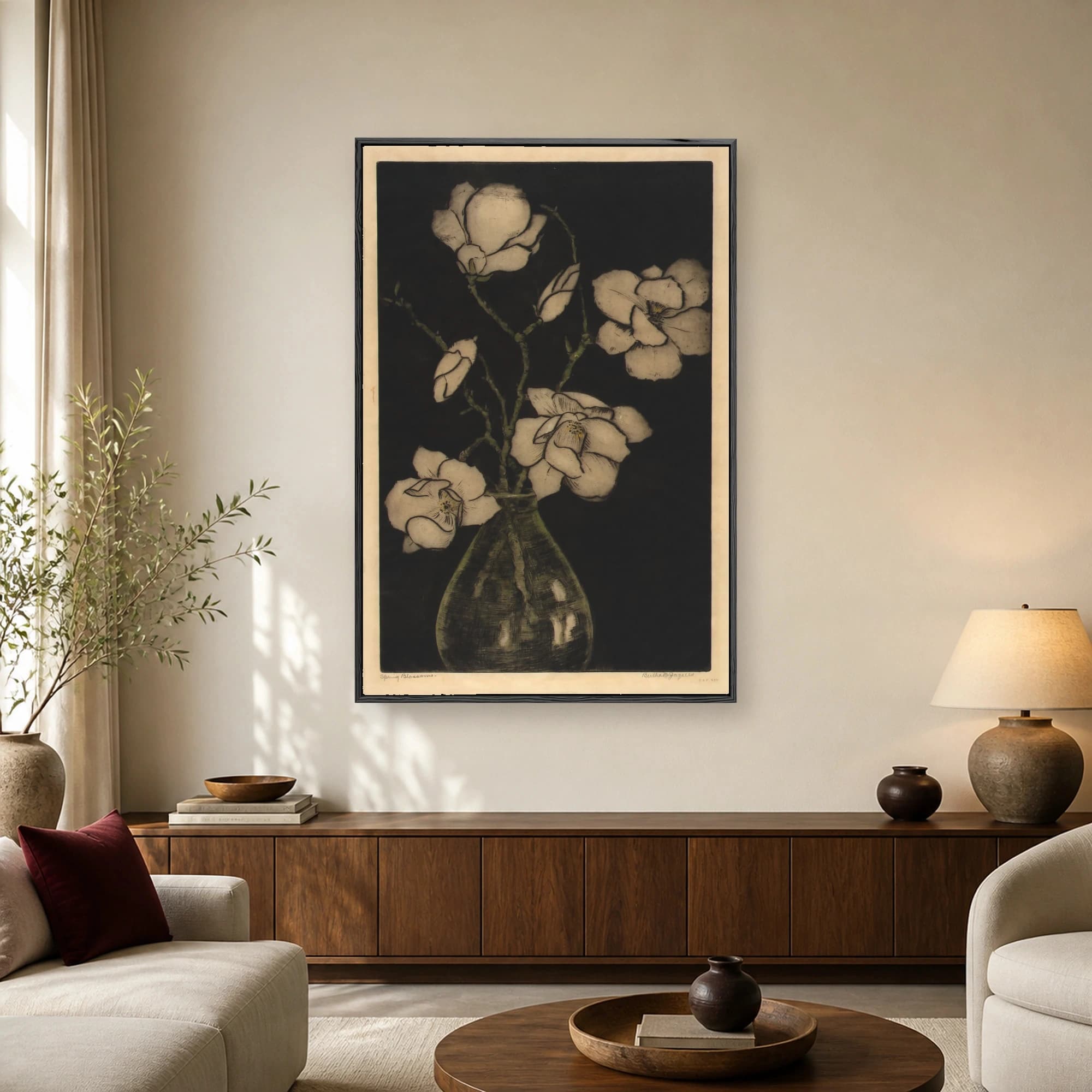 Vintage botanical etching of white magnolia flowers in a glass vase against a dark background by Bertha E. Jaques.