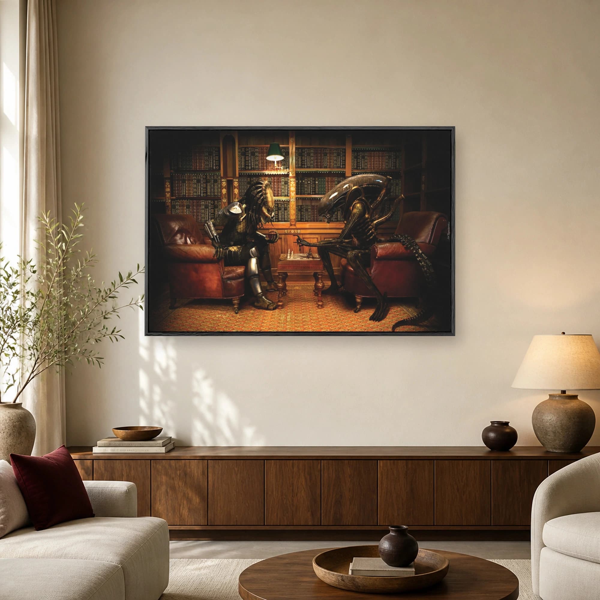 An Alien and a Predator sitting in leather armchairs playing chess inside a classic wood library with bookshelves and a green wall lamp.