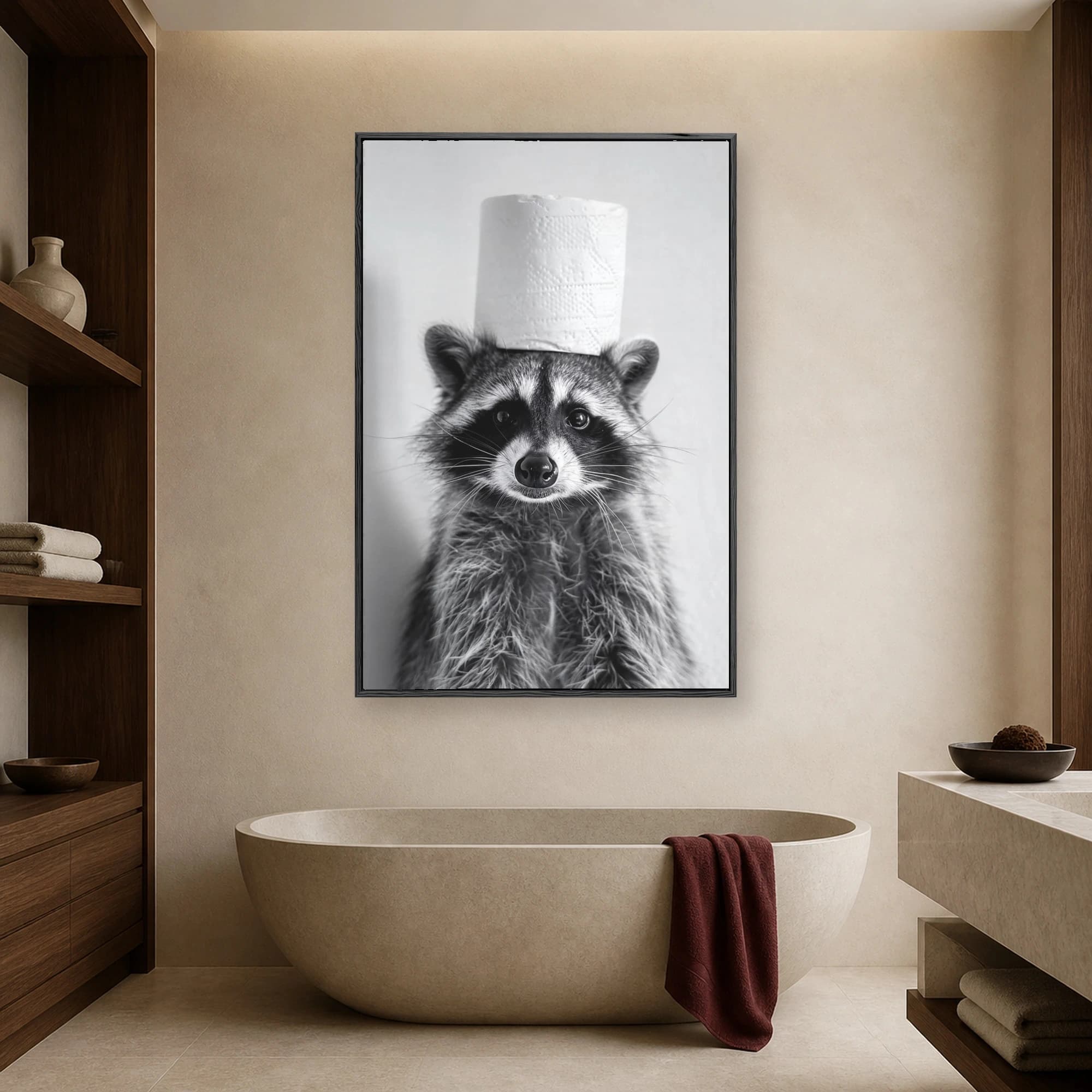 A close-up black and white portrait of a raccoon looking directly at the camera with a roll of toilet paper balanced on its head like a hat against a plain background.