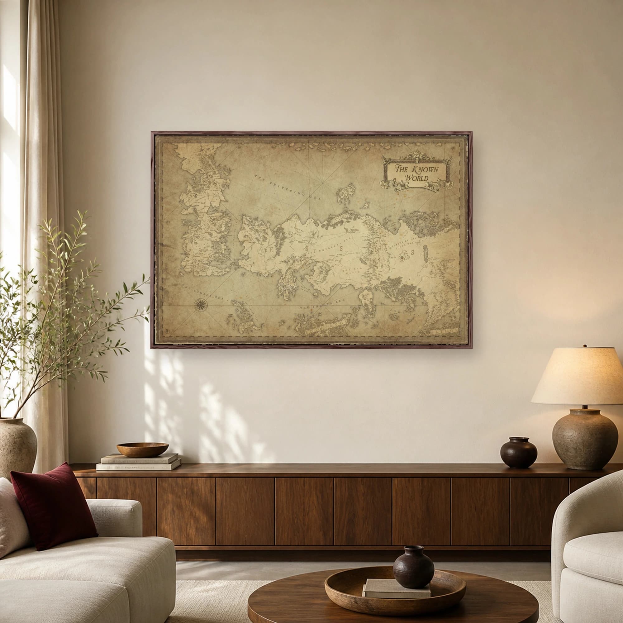 An antique-style fantasy map of the Known World featuring continents like Westeros and Essos on aged parchment with detailed typography and compass lines.