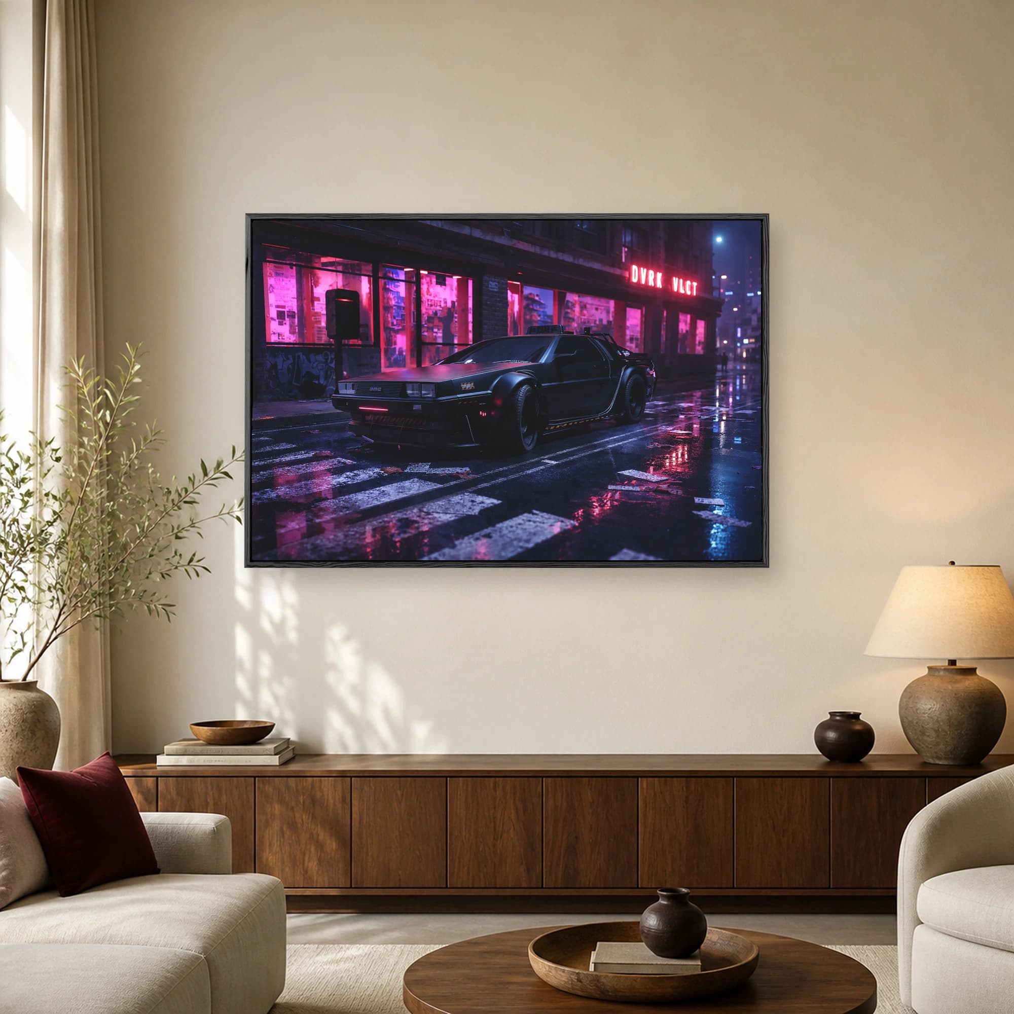 Matte black sports car parked on a wet neon‐lit city street at night with glowing pink storefronts