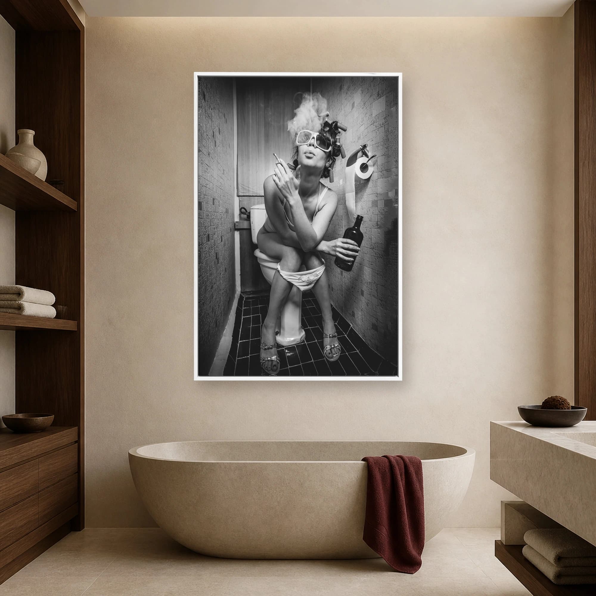 Funny Bathroom Wall Art - Smoking Woman with Hair Rollers, view 3