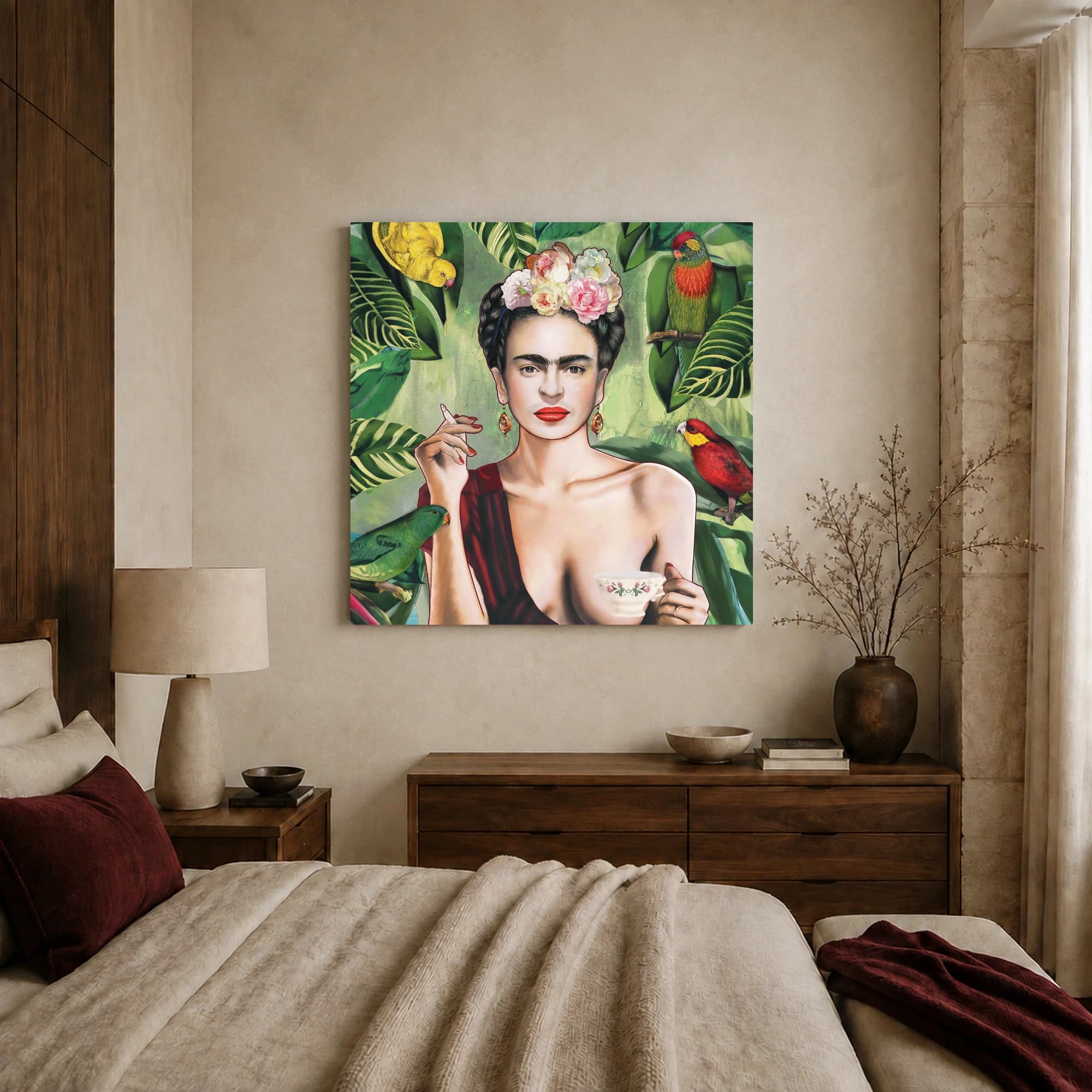 Frida Kahlo Tropical Portrait Canvas Print with Exotic Birds, view 2
