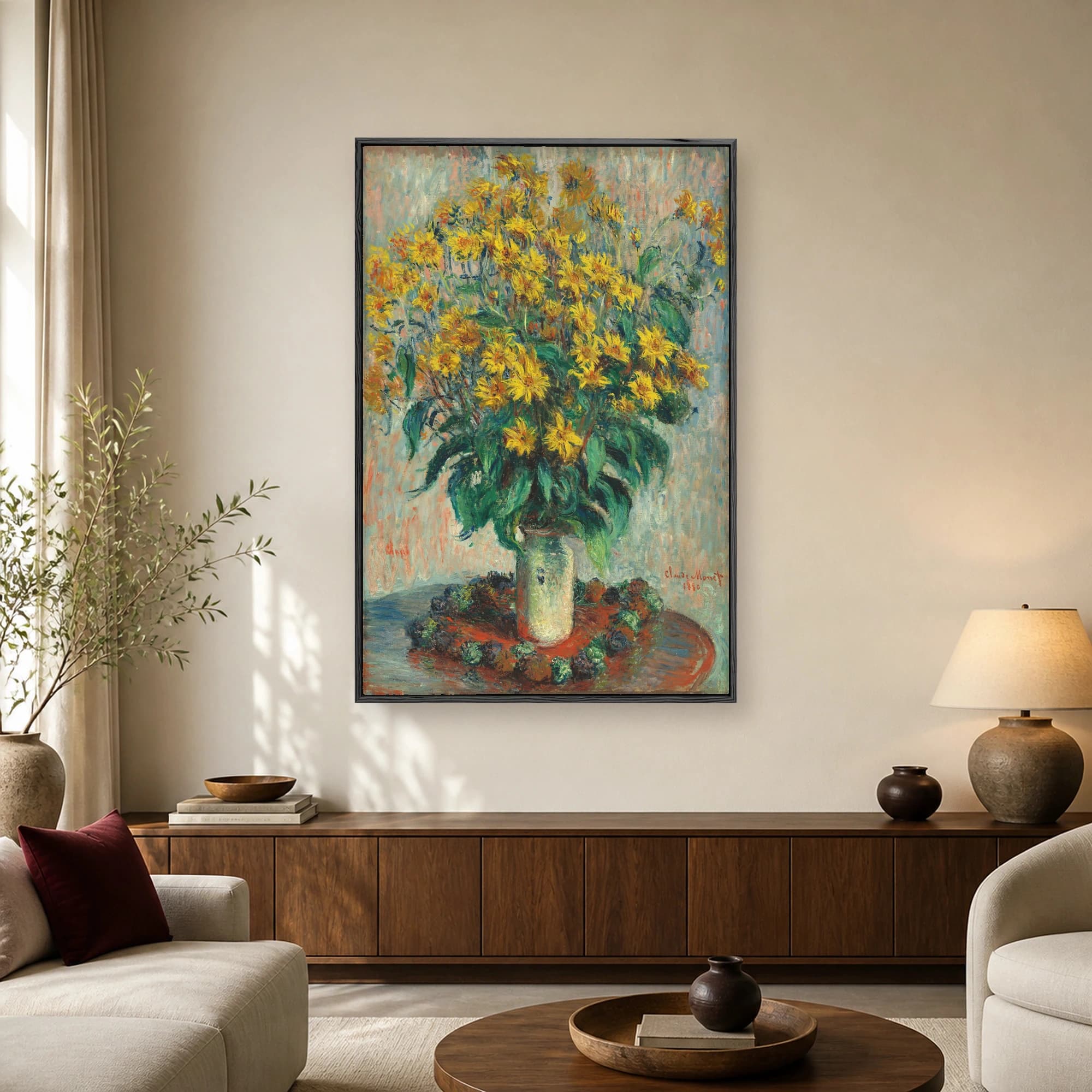 Fine art print of Bouquet of Sunflowers by Claude Monet featuring yellow flowers in a white vase on a red table.