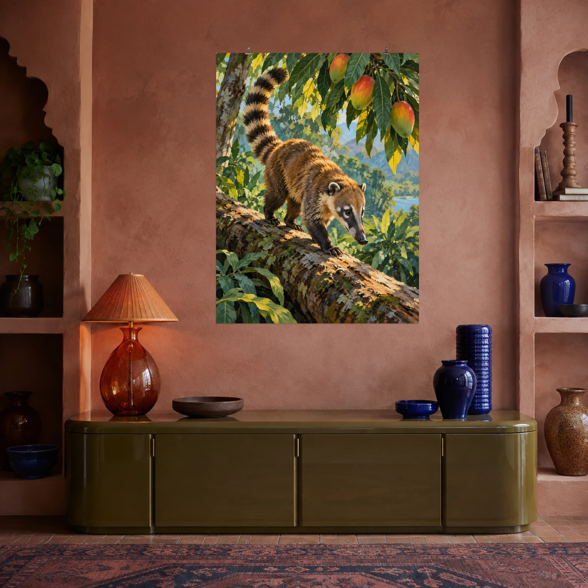 This gouache-style composition features a ring tailed coati walking along a fallen log beneath mango leaves with patches of amber sunlight. Expressive brushwork and a balanced palette bring warmth and character to your space.