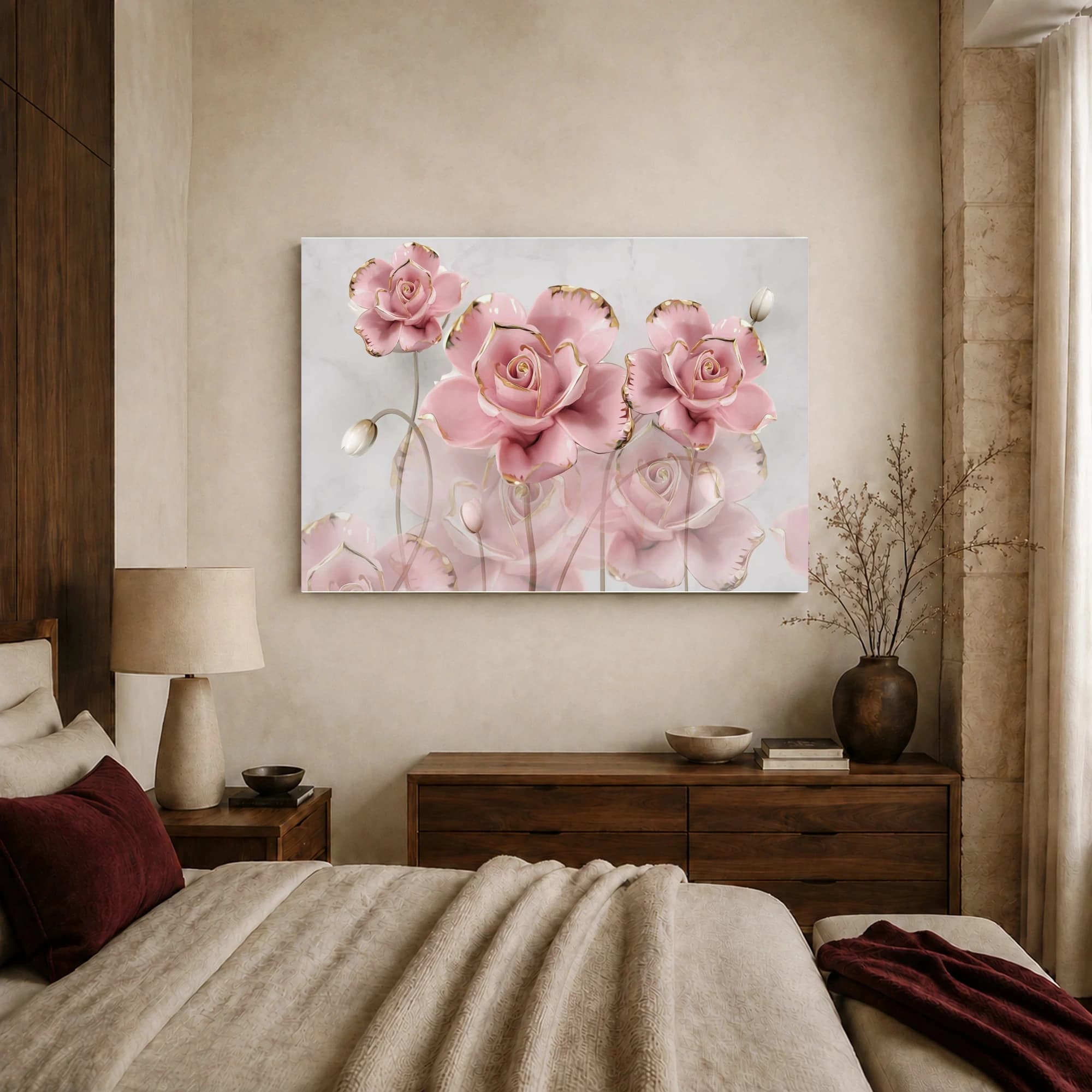 Pink Ceramic Roses Gold Trim Floral Wall Art Canvas, view 8