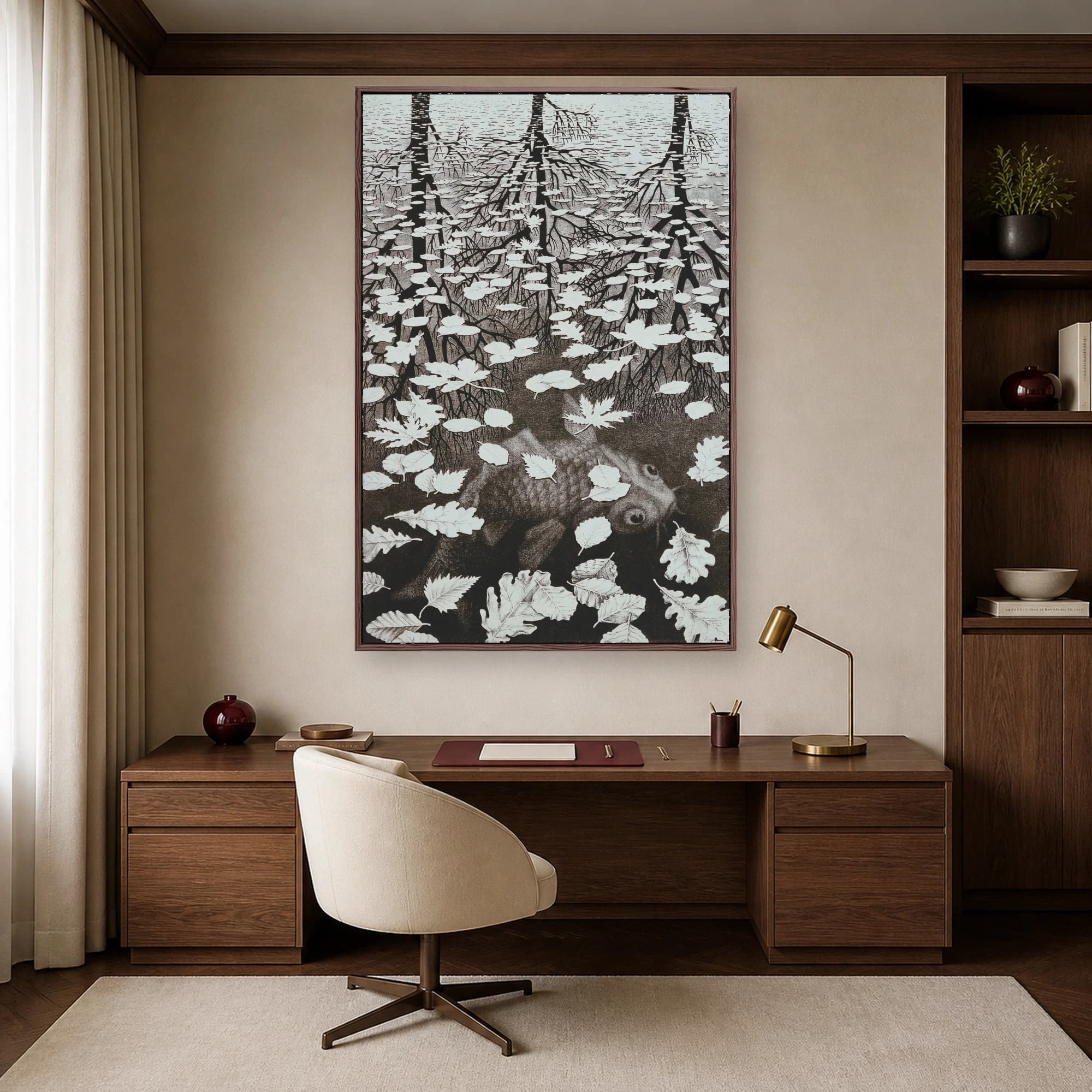 Surreal Monochrome Optical Illusion Tree and Fish Art Print, view 7