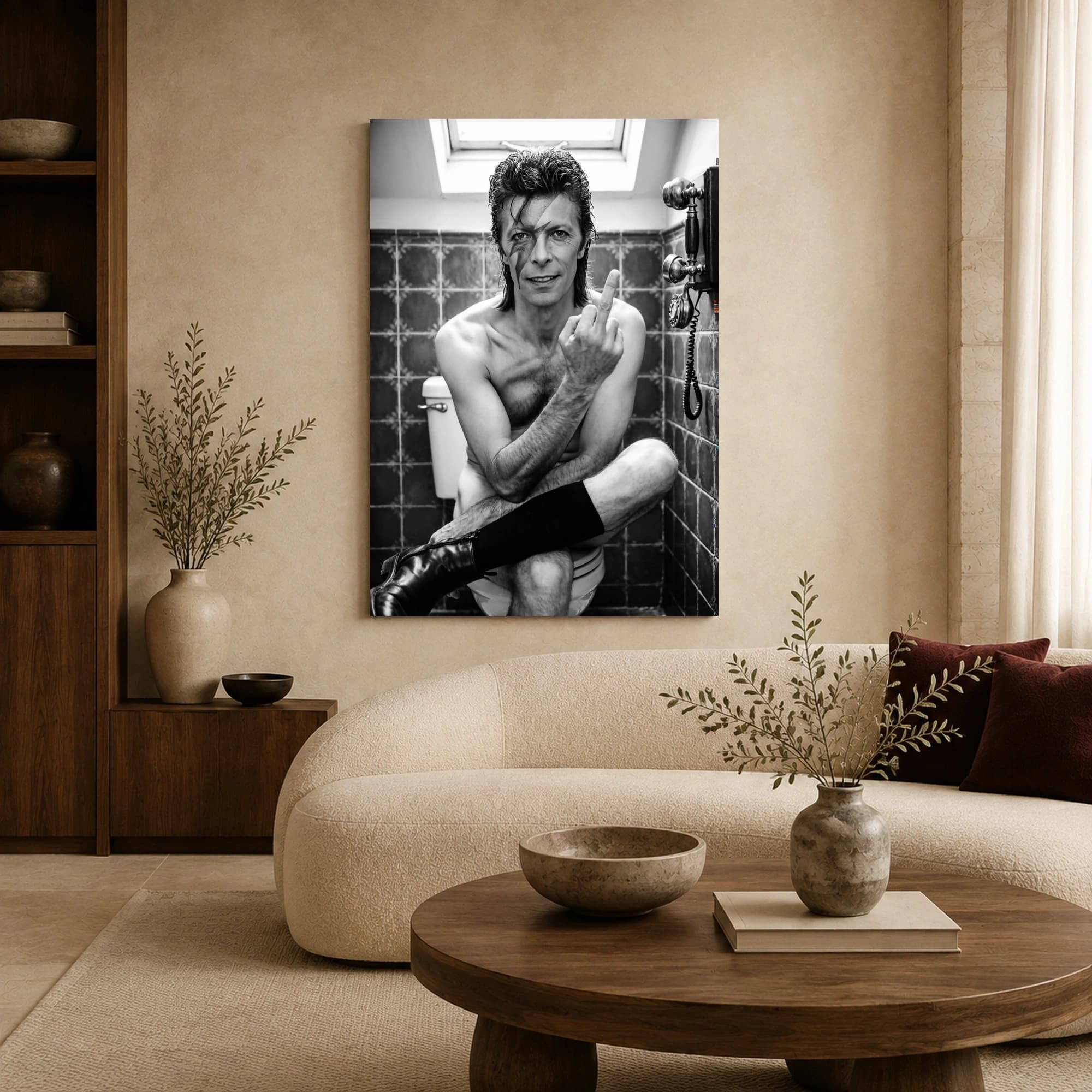 David Bowie Restroom Middle Finger Black and White Canvas Art, view 5