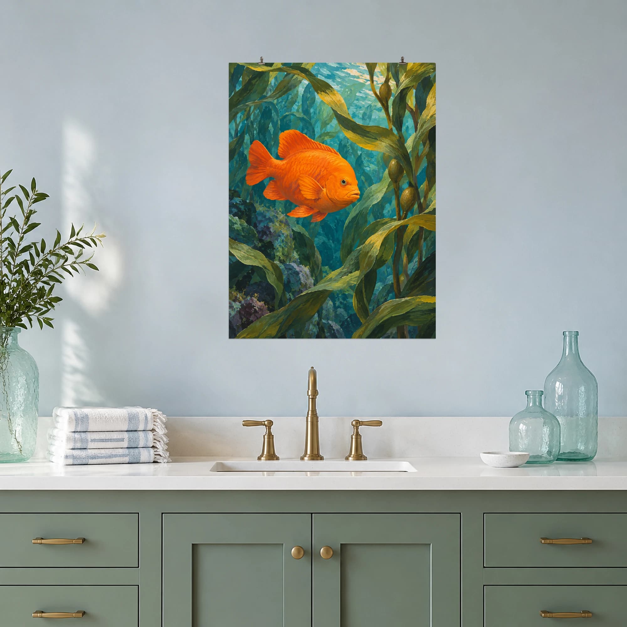 This gouache-style composition features a bright orange garibaldi fish swimming between ribbon like kelp fronds in green blue coastal water. Expressive brushwork and a balanced palette bring warmth and character to your space.