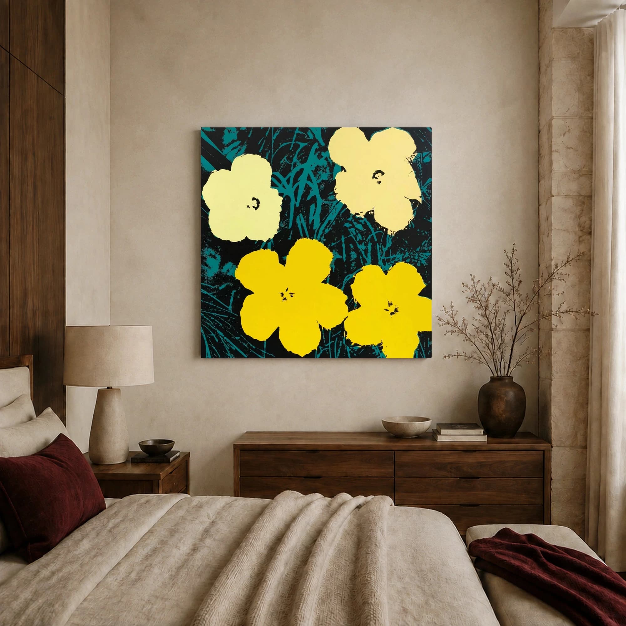 Yellow and Turquoise Pop Art Flowers Canvas Print, view 2