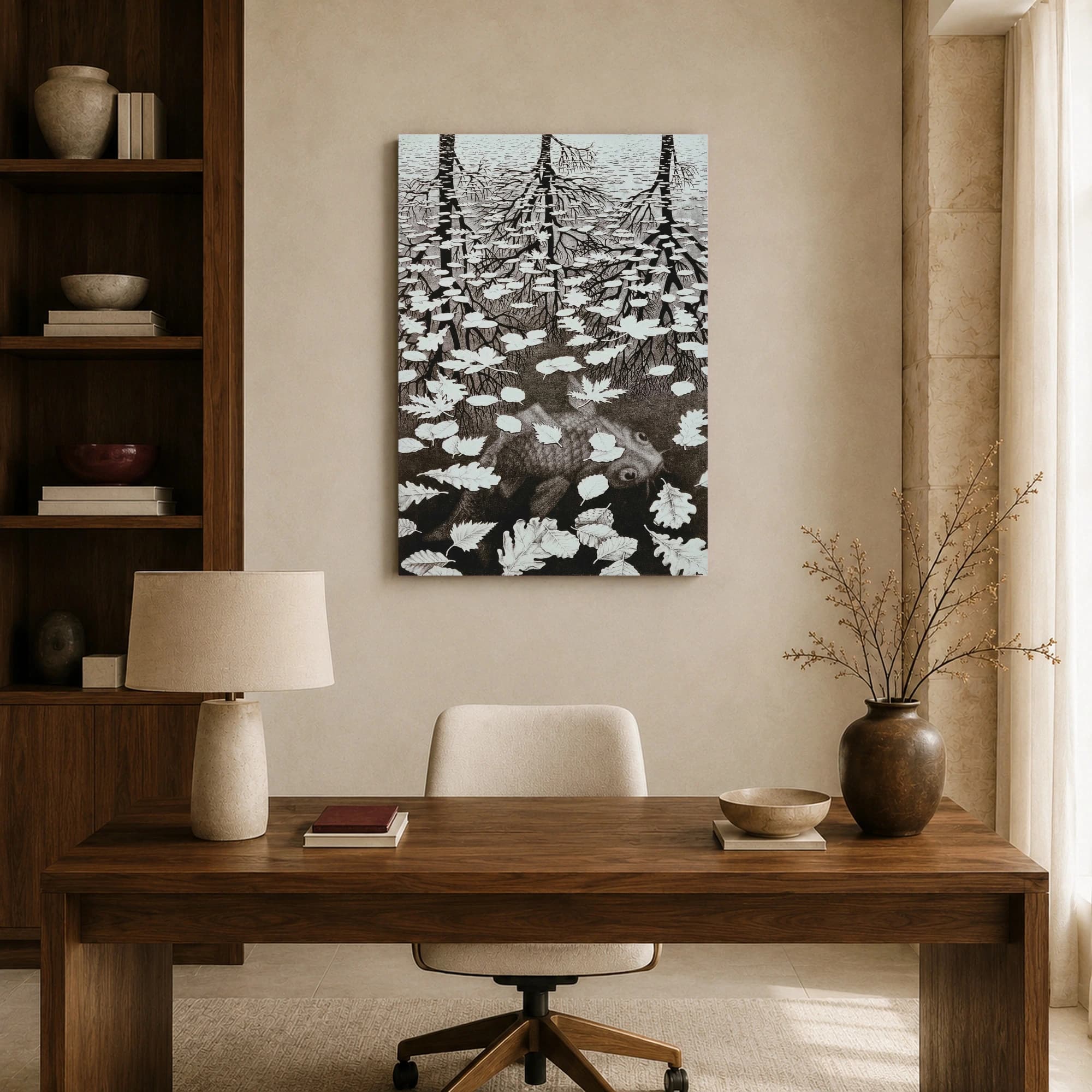 Surreal Monochrome Optical Illusion Tree and Fish Art Print, view 8